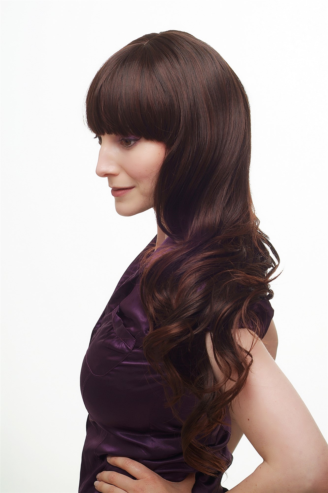 Lady  Wig LONG straight slightly wavy cute bangs fringe DARK BROWN + strands mahogany, view 7, WIG ME UP: Your Perücken Online Shop Quality Wigs, Ladies, Brown, wavy, very long