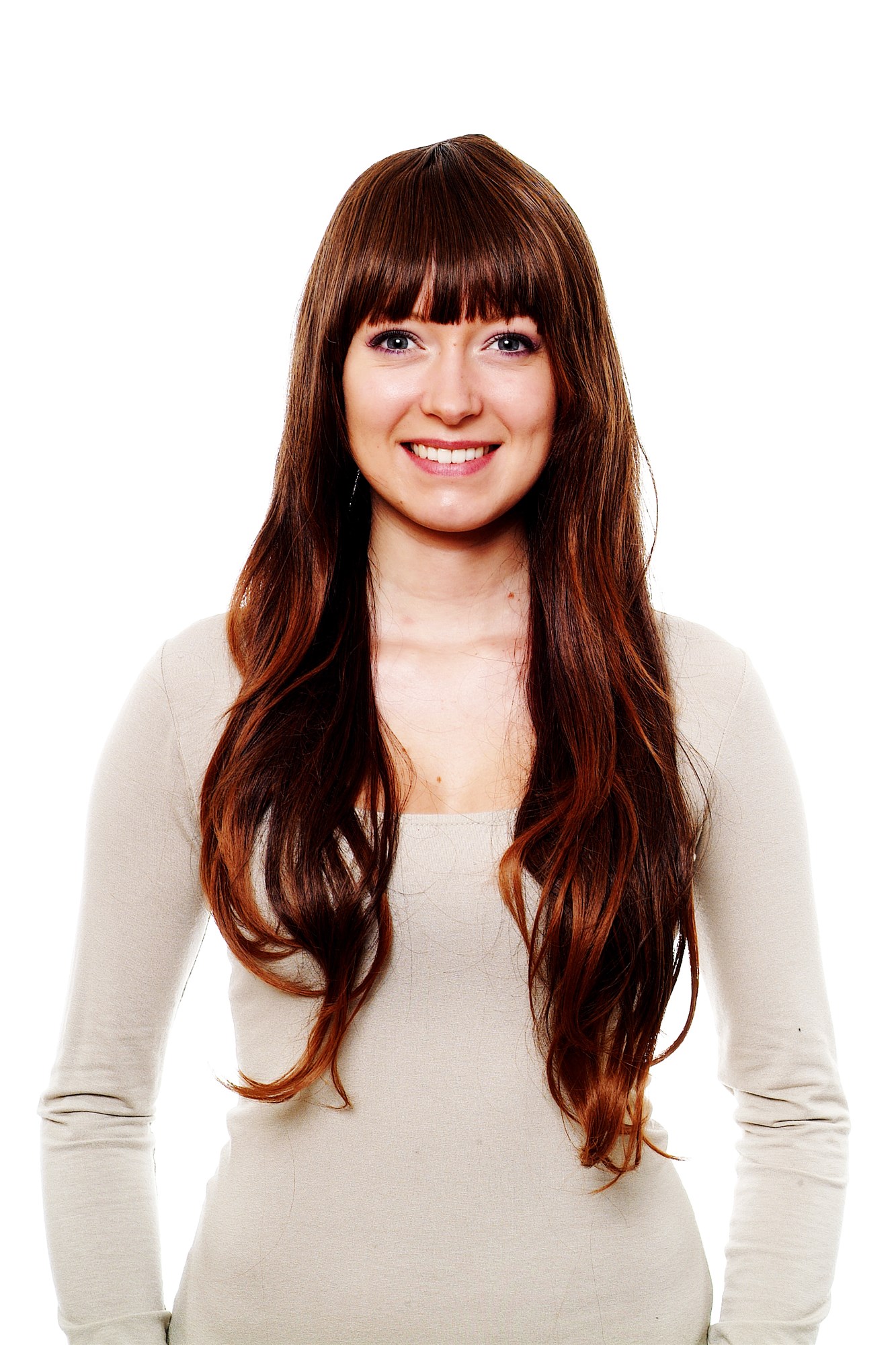 hochwertige Qualitätsperücken, Glatte brünette Perücke gerader Pony H9101-2T30, Vorderansicht, WIG ME UP: Ihr Perücken Online Shop glatte Tressen-Perücke mit Kopfhaut-Imitat Braun lange Haare für Damen