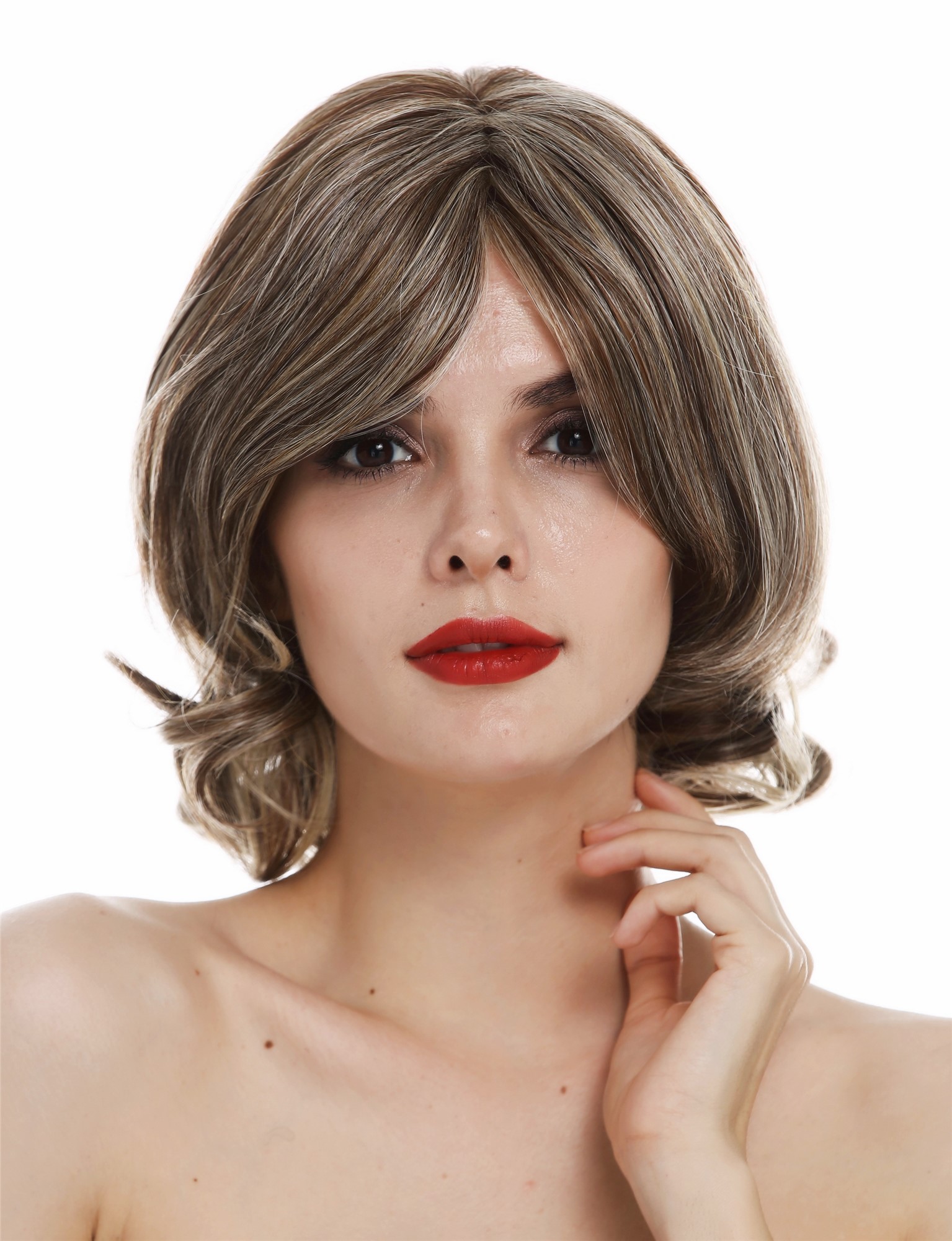 hochwertige Qualitätsperücken, Perücke Monofilament kurz wellig Braun Blond gesträhnt TYM-112-MT-CHOCO, Ansicht 2, WIG ME UP: Ihr Perücken Online Shop wellige Tressen-Perücke mit Teil-Mono Oberkopf Braun-Blond-Mix kurze Haare für Damen