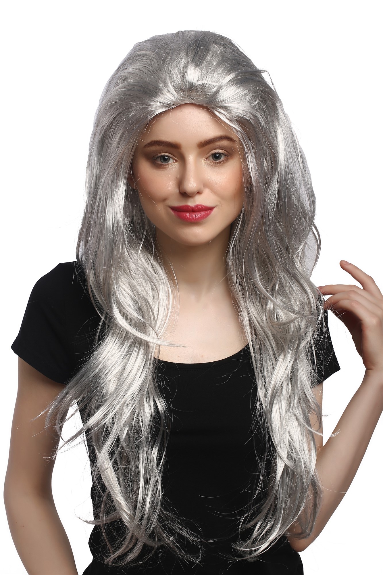 Lady Party Wig Fancy Dress grey very long straight teased backcombed Grandmother Witch Old Hippie, front view, WIG ME UP: Your Perücken Online Shop Party Wig, Ladies, Grey, straight, long
