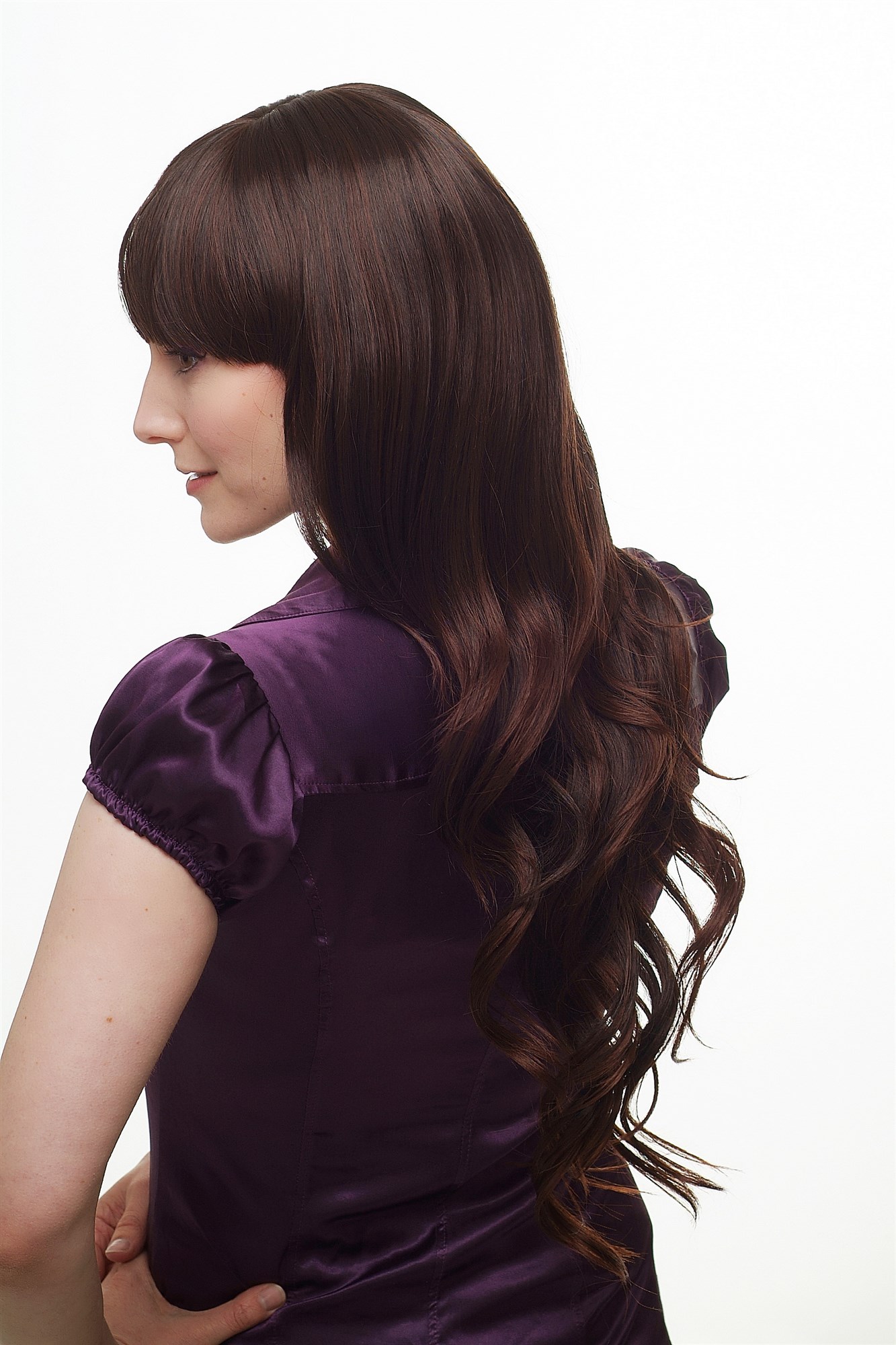 Lady  Wig LONG straight slightly wavy cute bangs fringe DARK BROWN + strands mahogany, view 8, WIG ME UP: Your Perücken Online Shop Quality Wigs, Ladies, Brown, wavy, very long