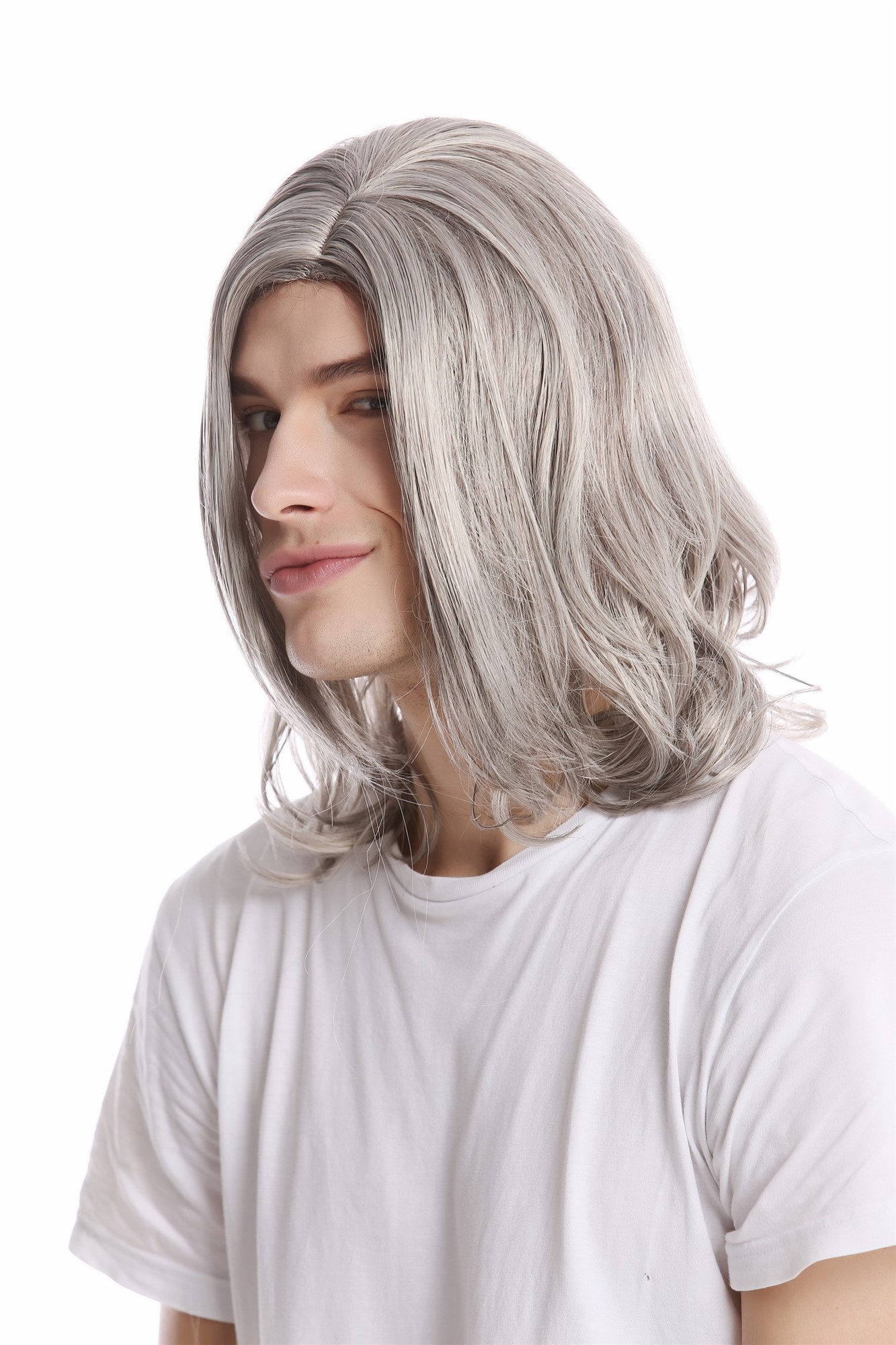 hochwertige Qualitätsperücken, Herrenperücke lang cool Mittelscheitel grau meliert GFW891-51, Ansicht 3, WIG ME UP: Ihr Perücken Online Shop glatte Tressen-Perücke mit Kopfhaut-Imitat Grau schulterlange Haare für Herren