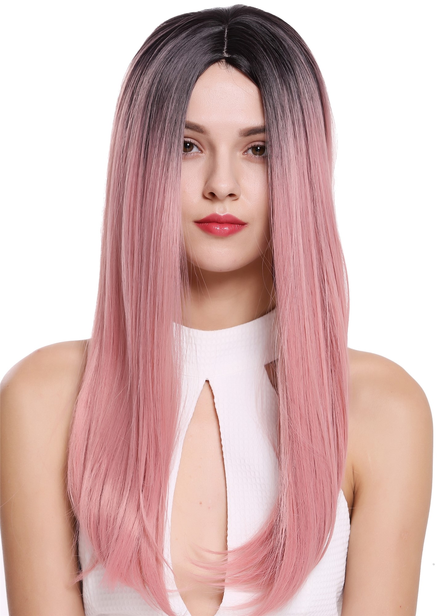 hochwertige Qualitätsperücken, Perücke Glatt Mittelscheitel Ombre Schwarz Rosa ZM-1791-T2312R1B, Vorderansicht, WIG ME UP: Ihr Perücken Online Shop glatte Tressen-Perücke mit Kopfhaut-Imitat Schwarz-Rosa lange Haare für Damen