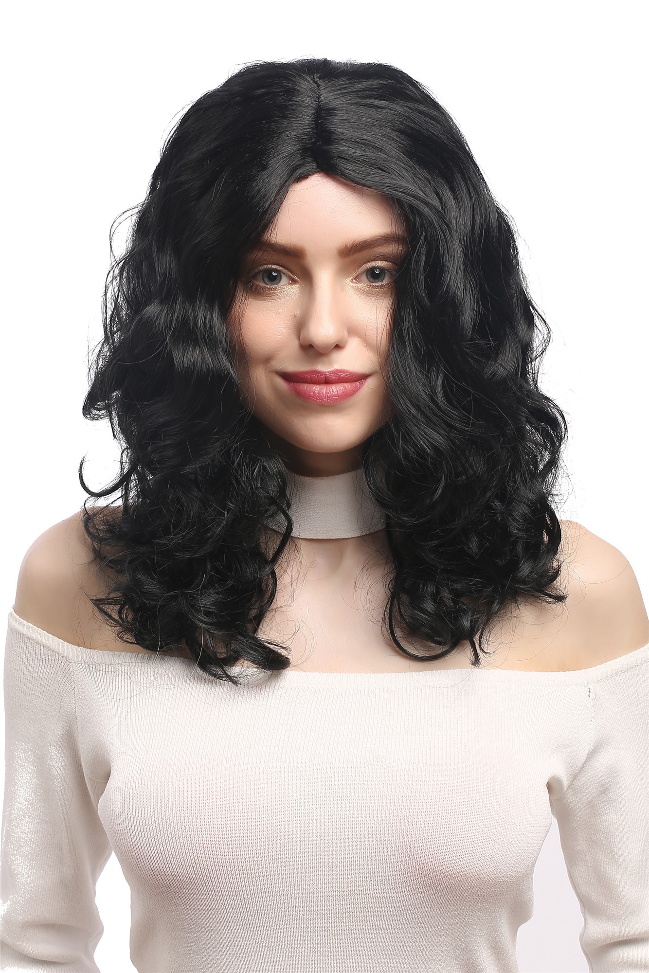 Lady Party Wig Halloween Fancy Dress long very voluminous curly curls middle-parting black 20", view 3, WIG ME UP: Your Perücken Online Shop Party Wig, Ladies, Black, curled, long