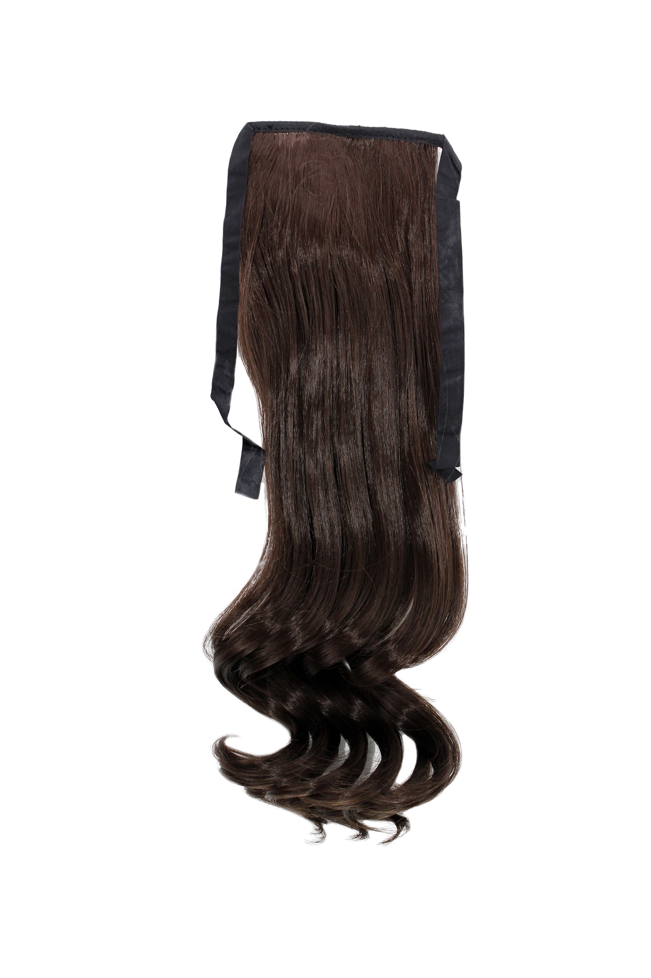 YZF-TC18-6 Hairpiece Pontail Pigtail extension slim light wavy comb and ribbon dark to medium chocolate brown, front view, WIG ME UP: Your Perücken Online Shop Ponytails, Brown, wavy, shoulder-length