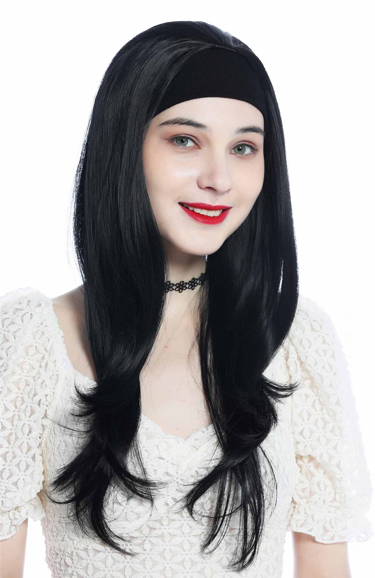 Lady wig half wig black headband cool retro long straight jet black H9306, view 2, WIG ME UP: Your Perücken Online Shop Quality Wigs, Ladies, Black, straight, long