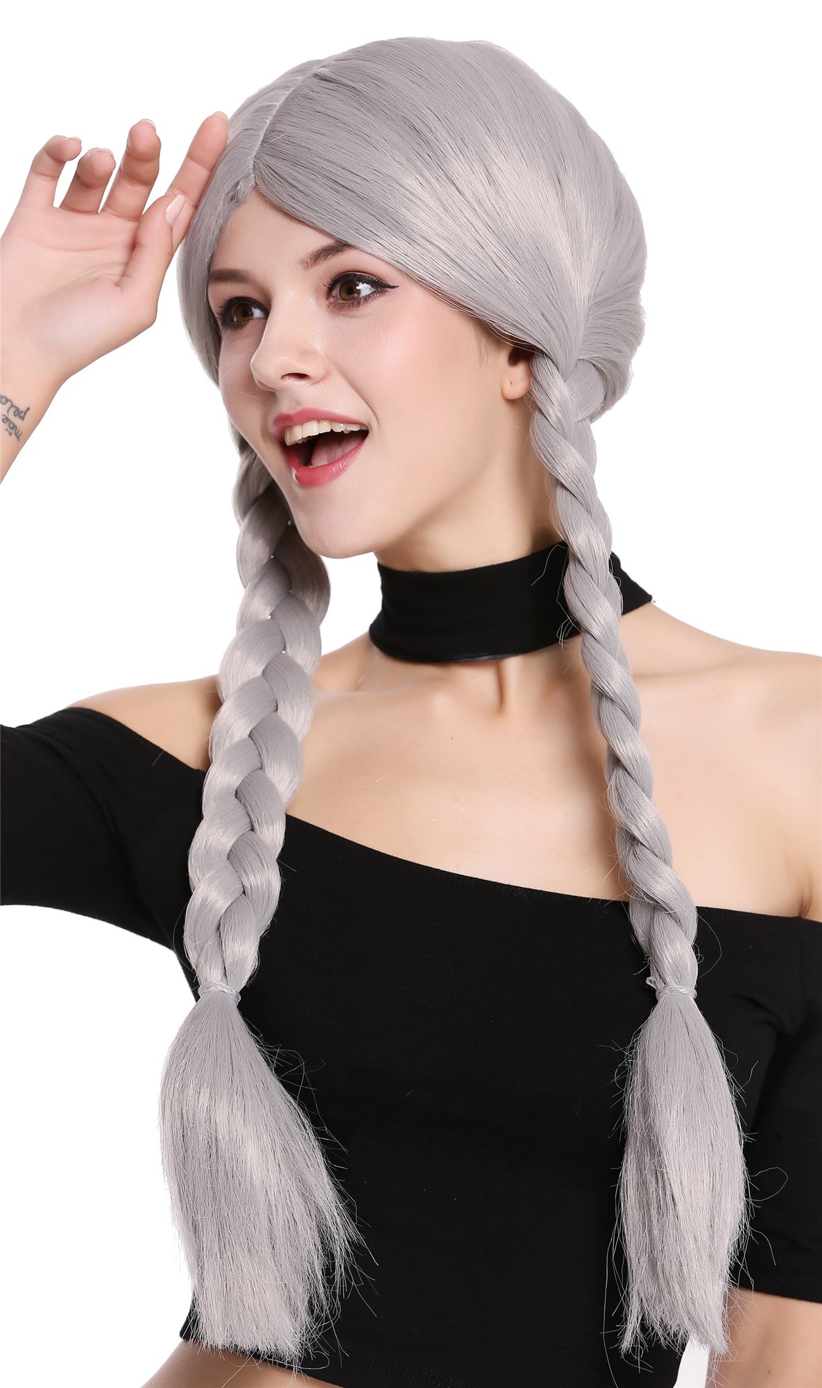 Lady Party Wig grey gray long braided pigtails queues Lolita Schoolgirl 90958, view 2, WIG ME UP: Your Perücken Online Shop Party Wig, Ladies, Grey, Braided, long