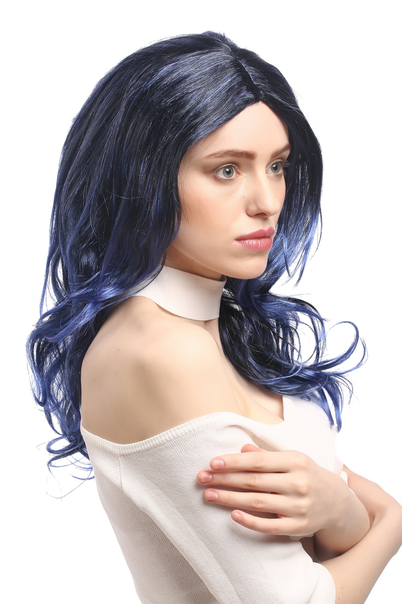 Lady Party Wig Fancy Dress glamorous black & blue & violett strand Diva middle parting wavy long, front view, WIG ME UP: Your Perücken Online Shop Party Wig, Ladies, Blue, Black, wavy, long