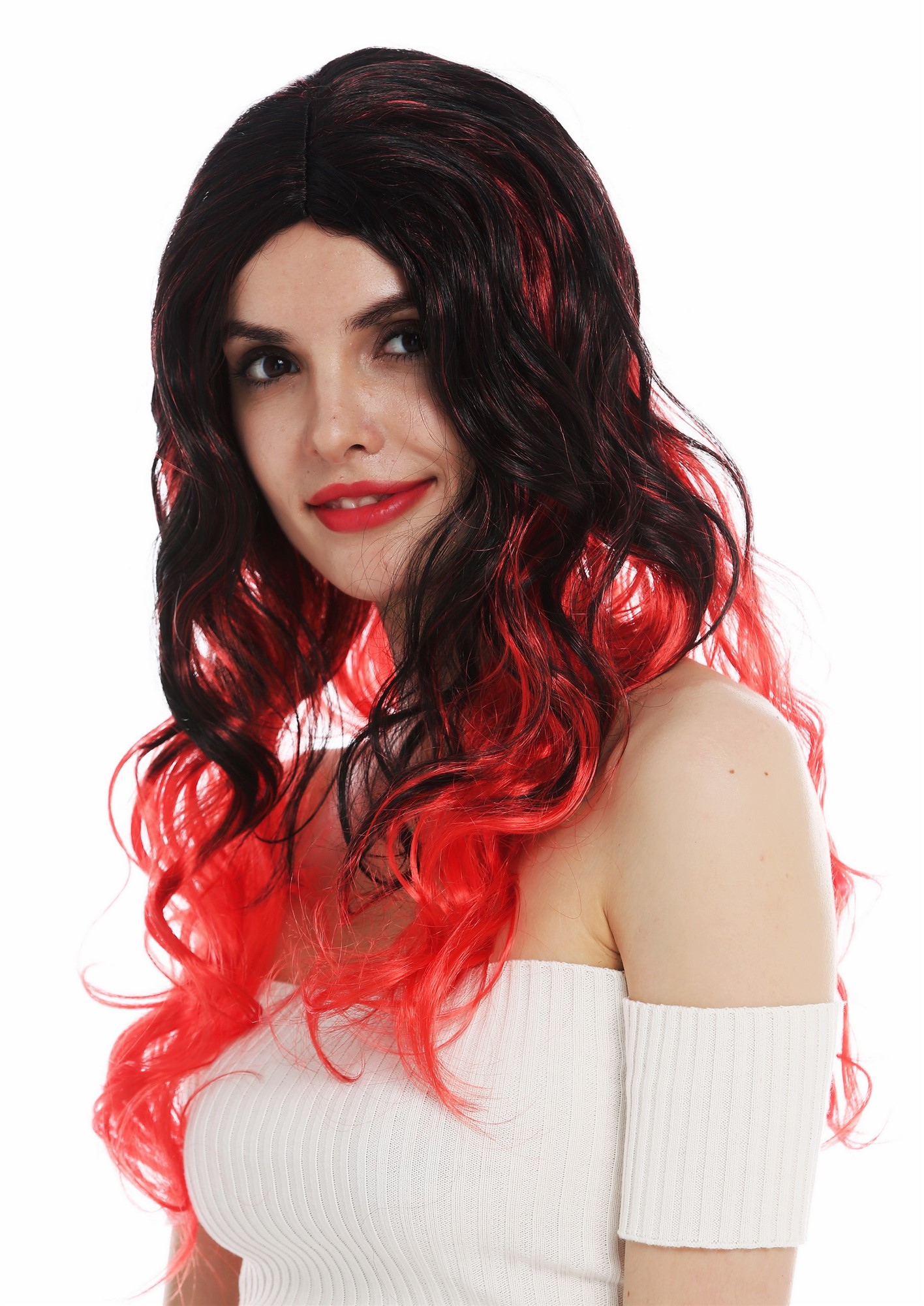 Wig Halloween women long middle parting wavy black red tips devil witch DEC203, view 2, WIG ME UP: Your Perücken Online Shop Party Wig, Ladies, deep black and bright red mix, wavy, long