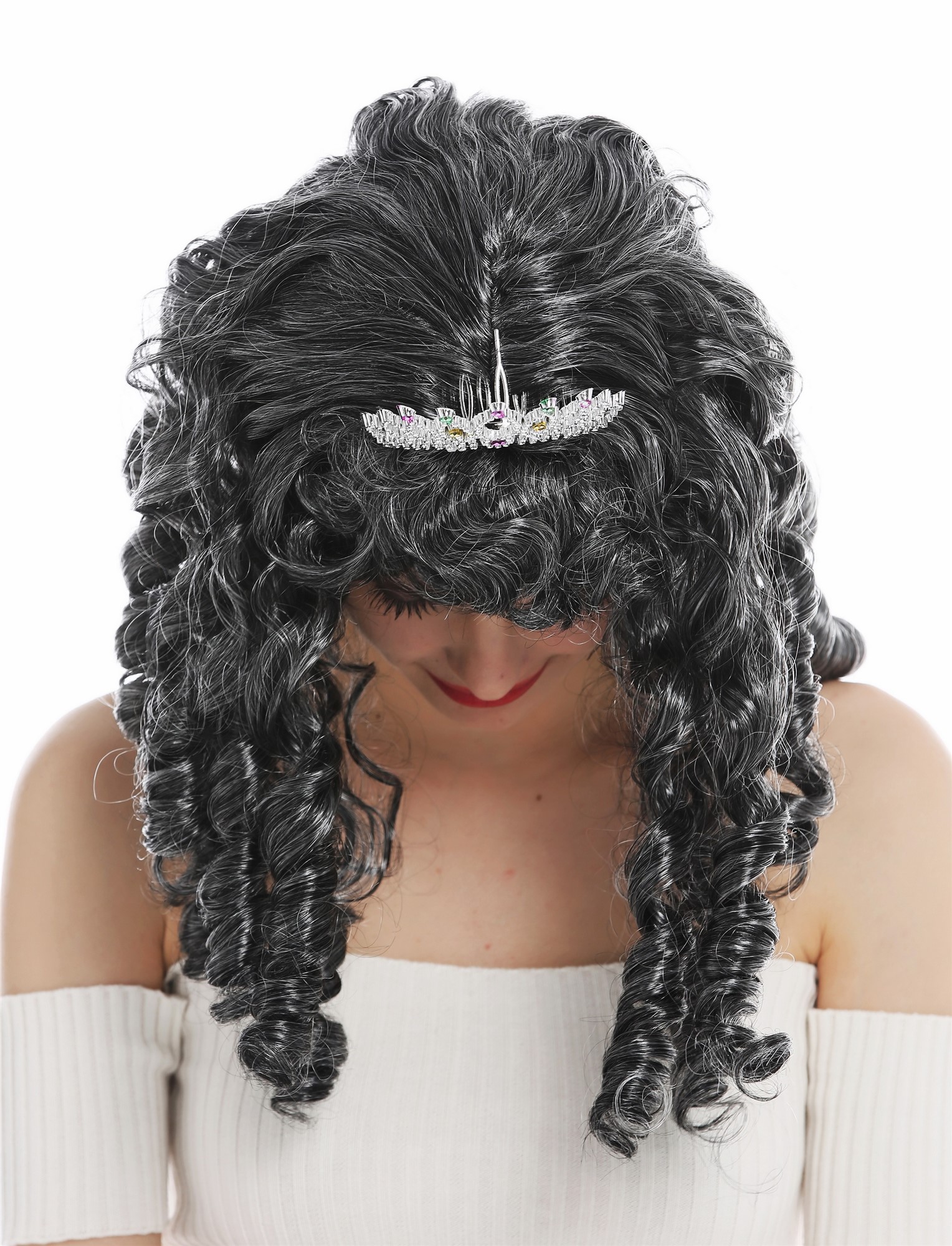 günstige Party Perücke, Perücke Königin Fee Prinzessin grau Locken Tiara 68840-P103-68, Ansicht 5, WIG ME UP: Ihr Perücken Online Shop lockige Party Perücke Dunkelgrau schulterlange Haare für Damen