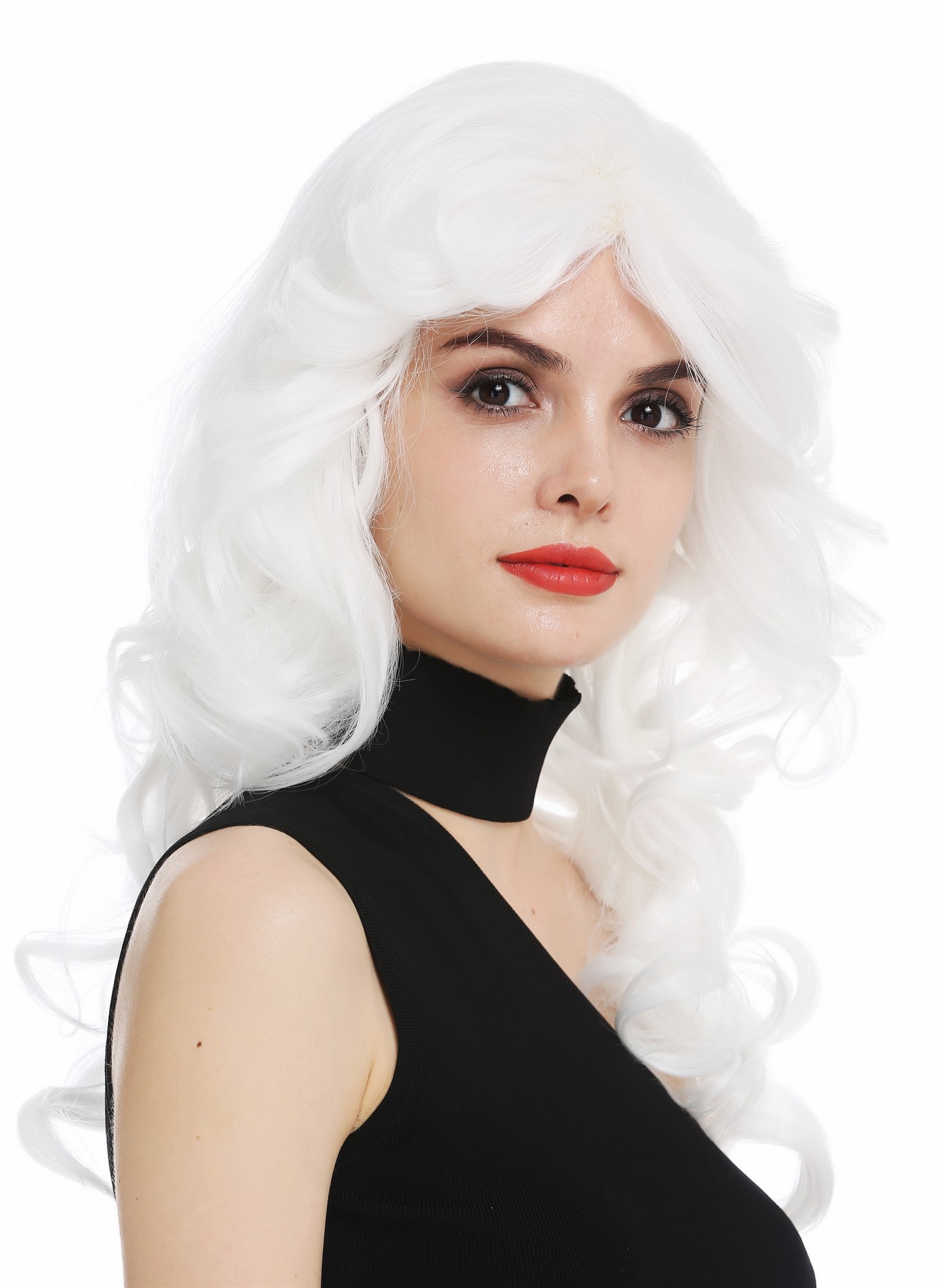 Lady wig long wavy voluminous backcombed 80's diva drag white WL-3010, front view, WIG ME UP: Your Perücken Online Shop Quality Wigs, Ladies, blossom white, curled, long