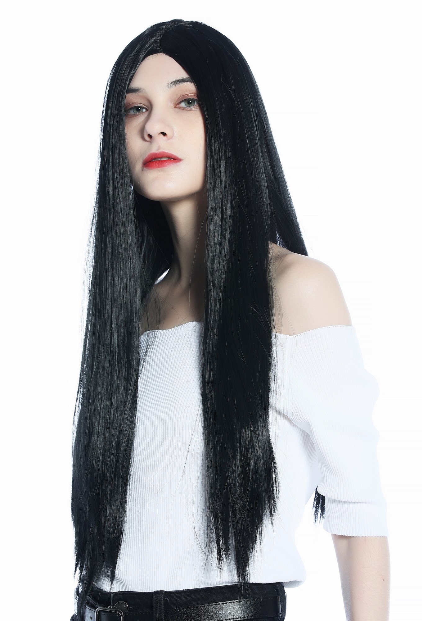 Wig Halloween women men long sleek middle parting deep black Goth CW-049, front view, WIG ME UP: Your Perücken Online Shop Party Wig, Ladies, deep black, straight, long