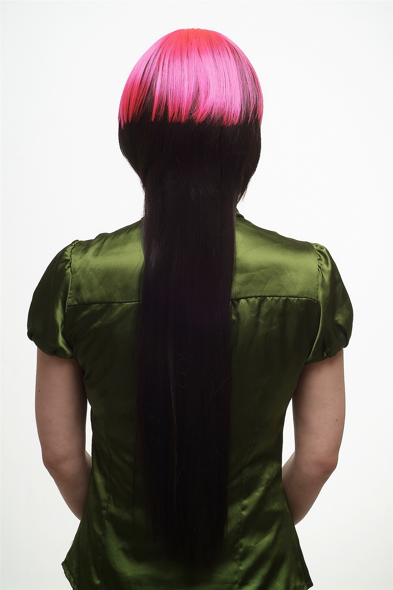 hochwertige Qualitätsperücken, Perücke Bob hinten lang dunkelbraun pink SA039-4/TF2313, Ansicht 7, WIG ME UP: Ihr Perücken Online Shop glatte Tressen-Perücke mit Kopfhaut-Imitat dunkelbraun sehr lange Haare für Damen