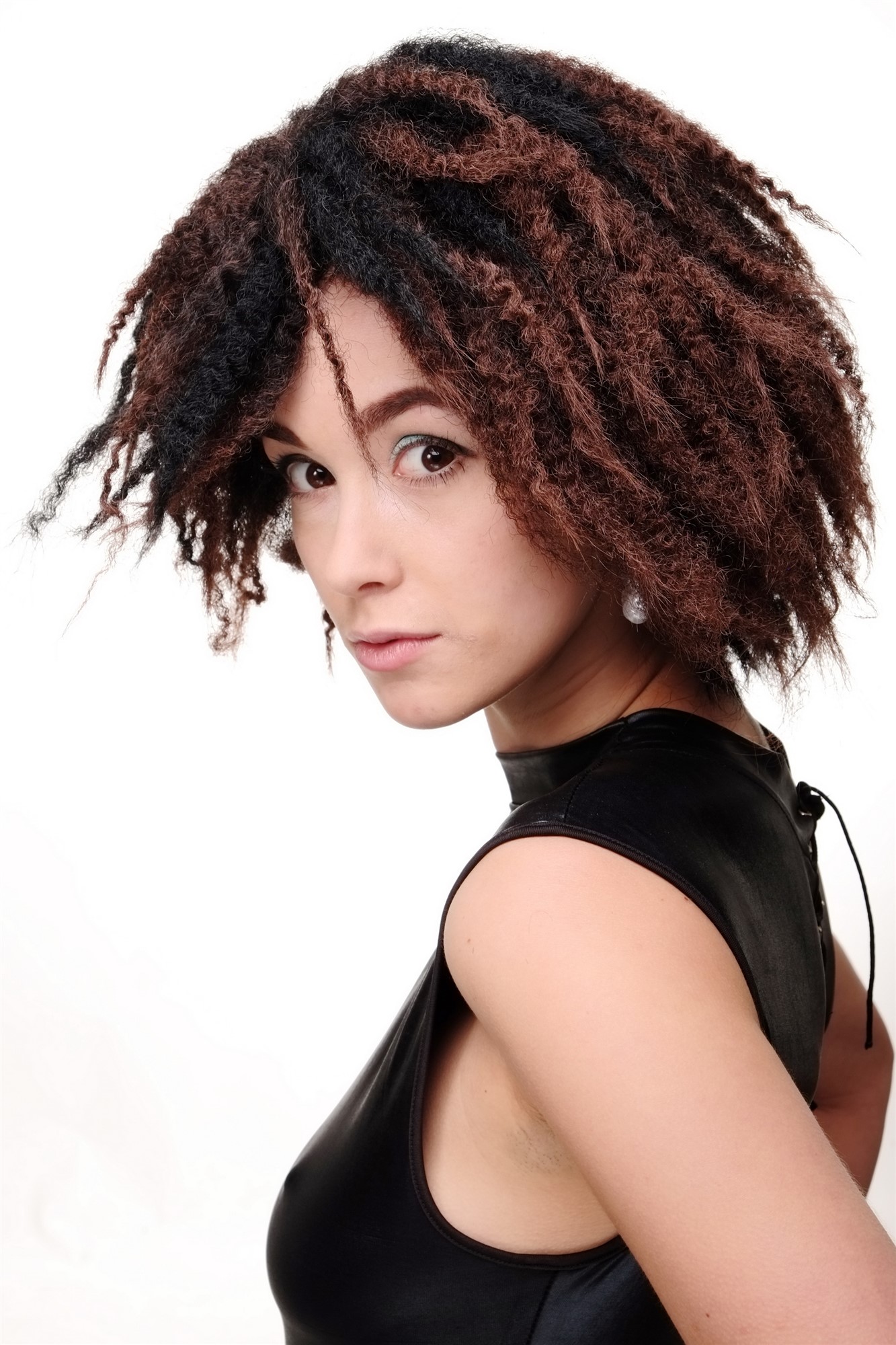 hochwertige Qualitätsperücken, Damenperücke Afro Krepplocken Schwarz Mahagoni Modell: GFW1836, Ansicht 4, WIG ME UP: Ihr Perücken Online Shop lockige Tressen-Perücke Schwarz-Braun-Mix schulterlange Haare für Damen