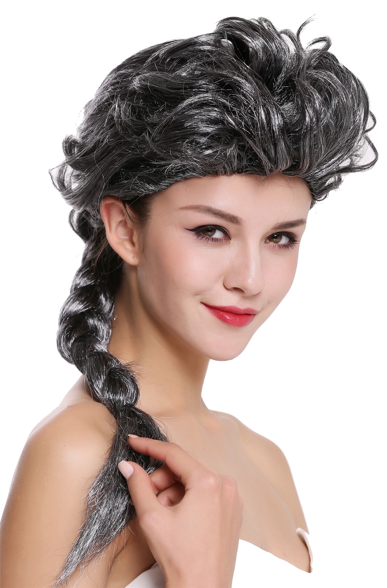 Baroque Lady Party Wig black white mix streaked long braided ponytail 051, view 2, WIG ME UP: Your Perücken Online Shop Party Wig, Ladies, Grey, Braided, long