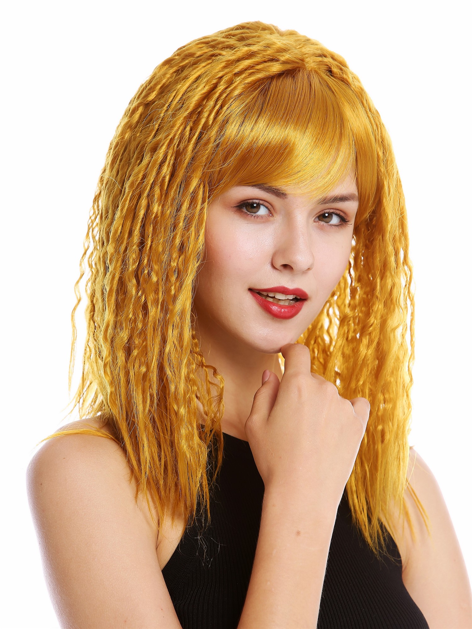 hochwertige Qualitätsperücken, Perücke Locken Gekreppt Volumen Pony Kupferblond Blond DW90-144, Vorderansicht, WIG ME UP: Ihr Perücken Online Shop lockige Tressen-Perücke Kupferblond lange Haare für Damen