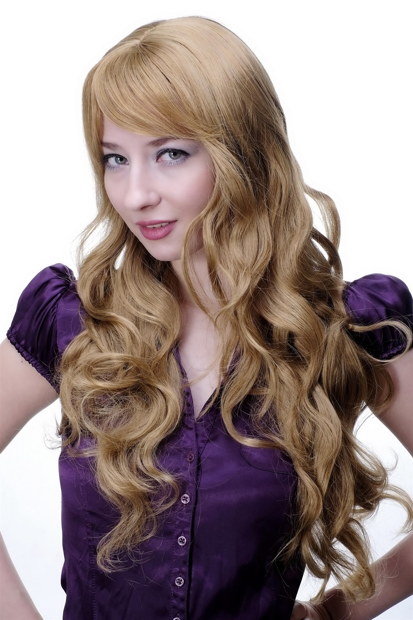 hochwertige Qualitätsperücken, Perücke lang wallendes Haar wellig leicht lockig Blond + Rot 9204S-19, Vorderansicht, WIG ME UP: Ihr Perücken Online Shop lockige Tressen-Perücke mit Kopfhaut-Imitat Dunkelblond lange Haare für Damen