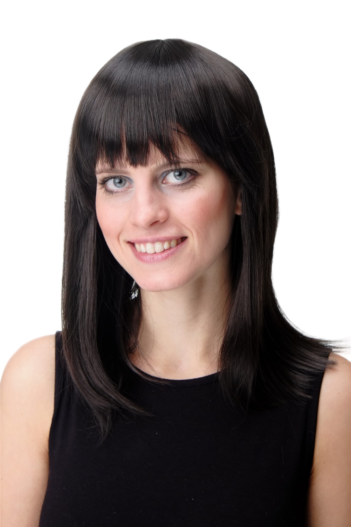 hochwertige Qualitätsperücken, Perücke schulterlang Pony glatt dunkelbraun 7122-4, Vorderansicht, WIG ME UP: Ihr Perücken Online Shop glatte Tressen-Perücke mit Kopfhaut-Imitat Braun schulterlange Haare für Damen