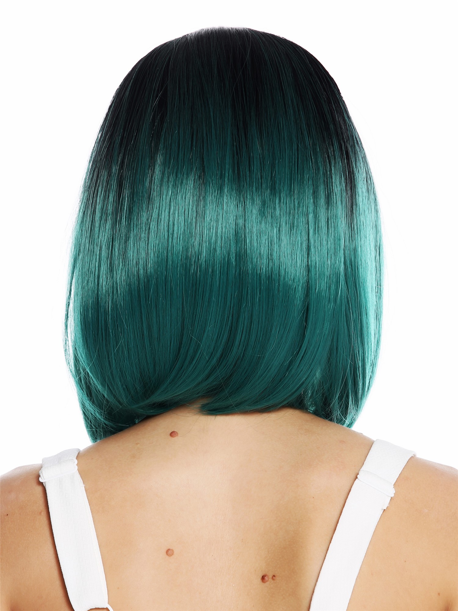 hochwertige Qualitätsperücken, Perücke kurz Longbob Mittelscheitel glatt Ombre Schwarz Grün ZM-1769-BDR1B, Ansicht 4, WIG ME UP: Ihr Perücken Online Shop glatte Tressen-Perücke mit Kopfhaut-Imitat Schwarz-Grün-Mix schulterlange Haare für Damen