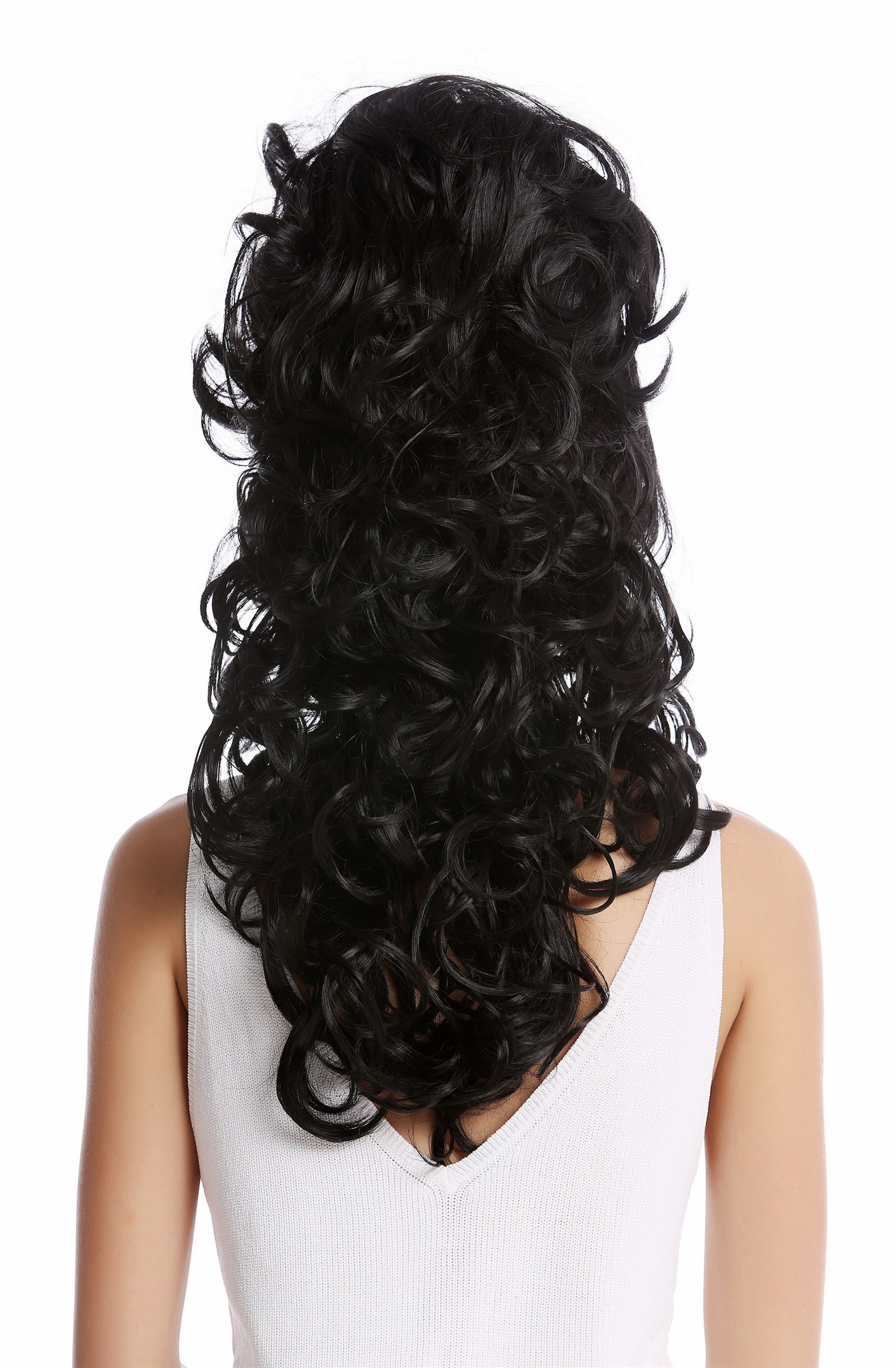 hochwertige Qualitätsperücken, Perücke 60er Retro Hochsteckfrisur Beehive Schwarz GF-W2418-1B, Ansicht 4, WIG ME UP: Ihr Perücken Online Shop lockige Tressen-Perücke Samtschwarz lange Haare für Damen