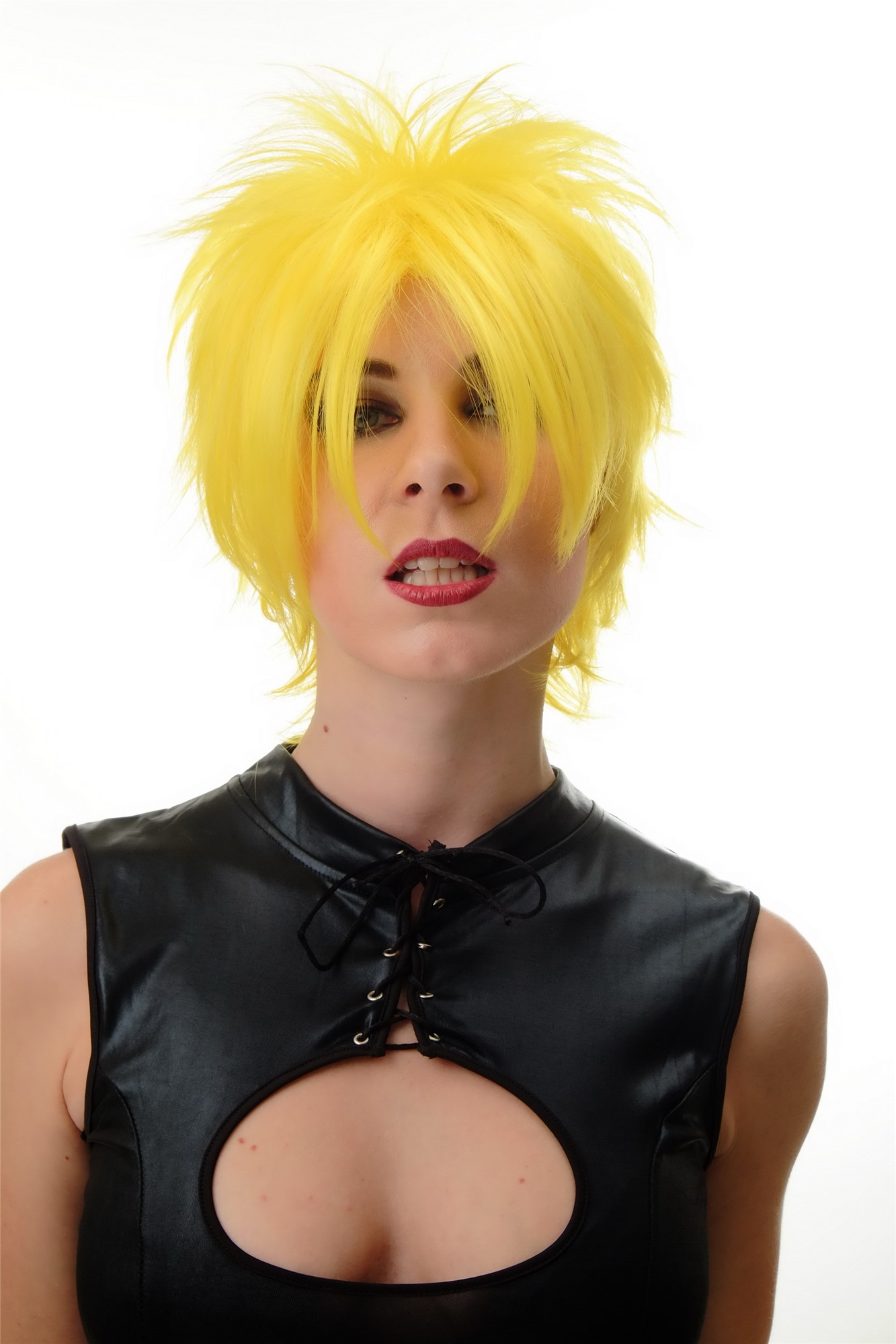 hochwertige Qualitätsperücken, Perücke Kurz Wilde Strähnen Wave 80er Gelb BLUE144-T2104, Ansicht 5, WIG ME UP: Ihr Perücken Online Shop wellige Tressen-Perücke Hellgelb kurze Haare für Damen