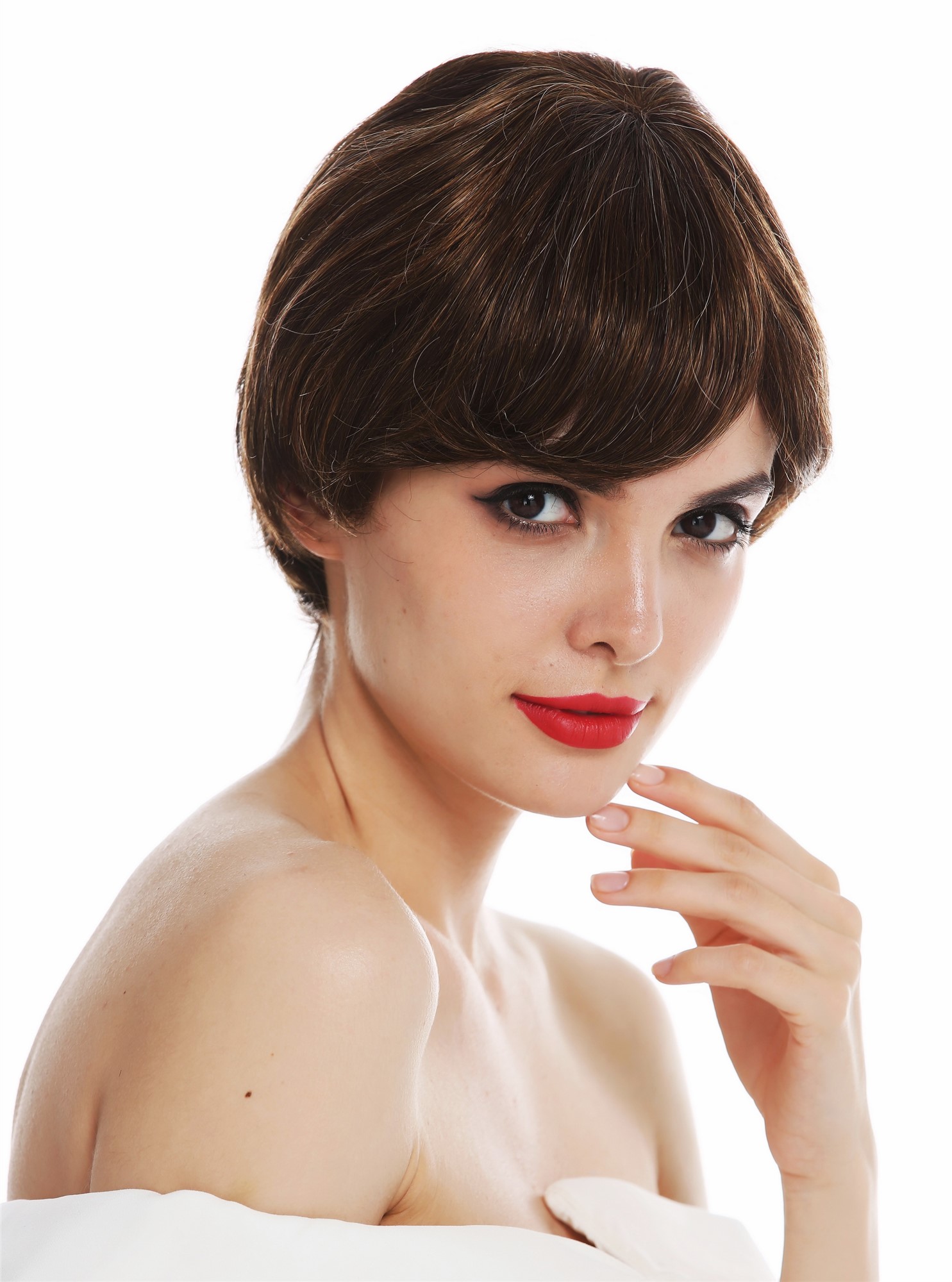 hochwertige Qualitätsperücken, Perücke Monofilament kurz Pagenkopf glatt Braun Blond gesträhnt STR-MT-830/27/6, Vorderansicht, WIG ME UP: Ihr Perücken Online Shop glatte Tressen-Perücke mit Teil-Mono Oberkopf Braun-Blond-Mix kurze Haare für Damen