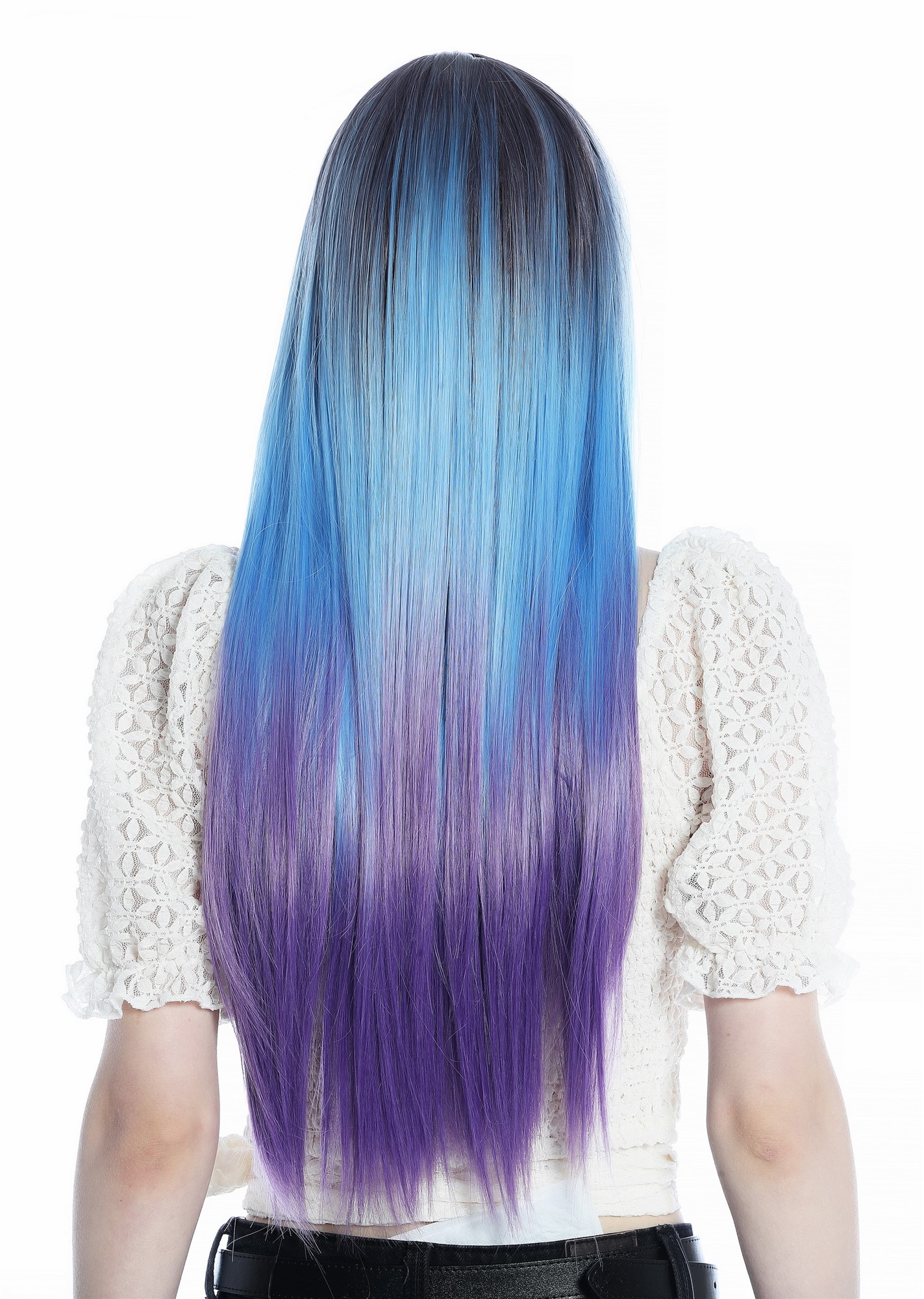 hochwertige Qualitätsperücken, Perücke lang glatt Pony Ombre Violett Hellblau Lila SZL0810B-T-002, Ansicht 5, WIG ME UP: Ihr Perücken Online Shop glatte Tressen-Perücke mit Kopfhaut-Imitat Grauviolett-Hellblau-Verlauf zu Lila lange Haare für Damen
