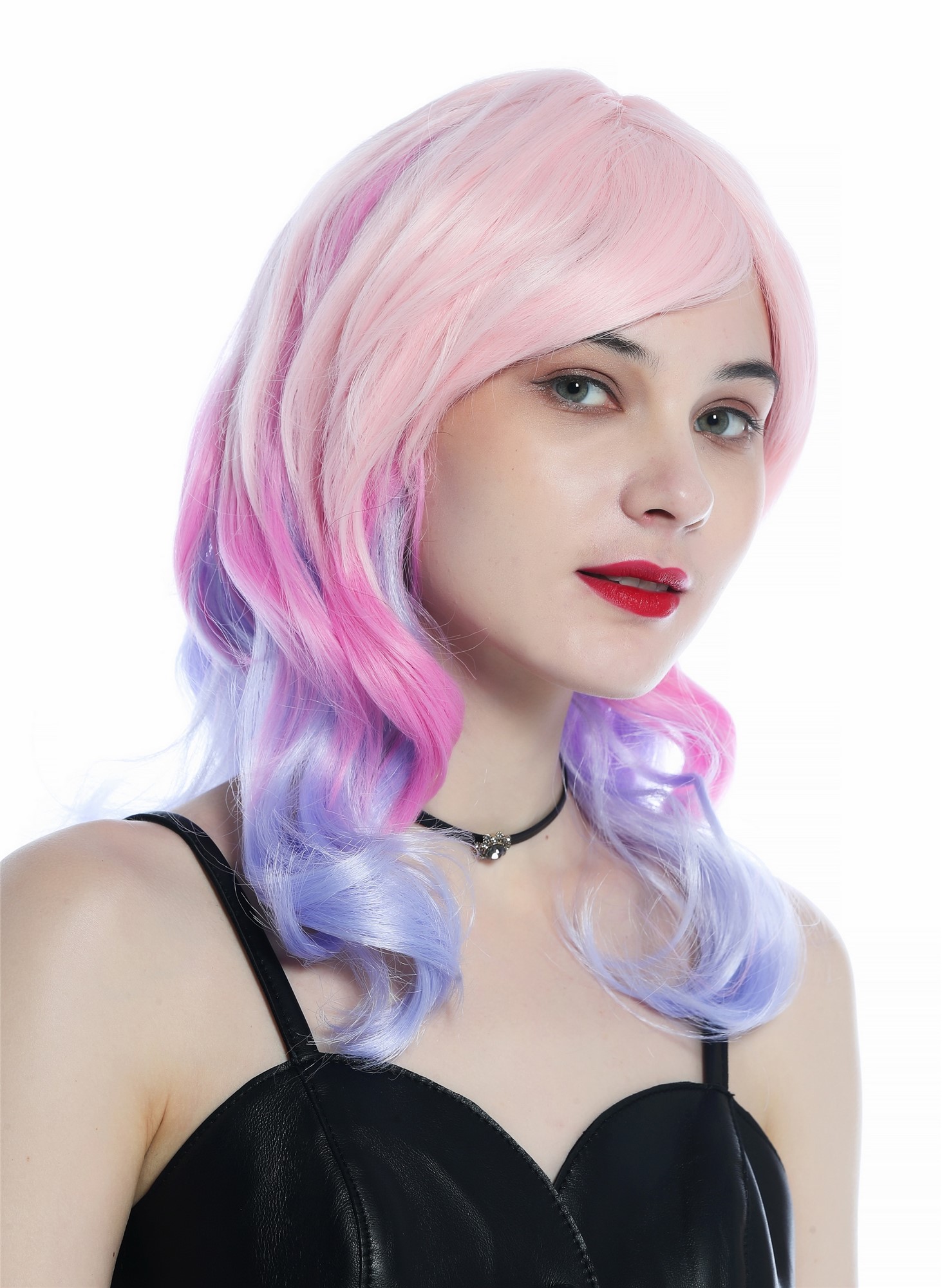 Party Wig, Ladies, Top of the head light pink hatline pink neck light purple, wavy, long