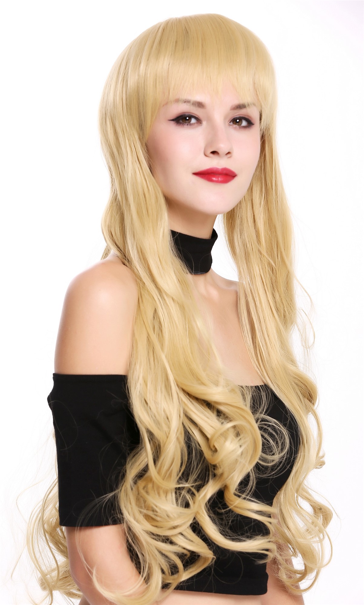 hochwertige Qualitätsperücken, Perücke Pony Lang Locken Goldblond 6057-24B, Ansicht 2, WIG ME UP: Ihr Perücken Online Shop lockige Tressen-Perücke mit Kopfhaut-Imitat Goldblond lange Haare für Damen