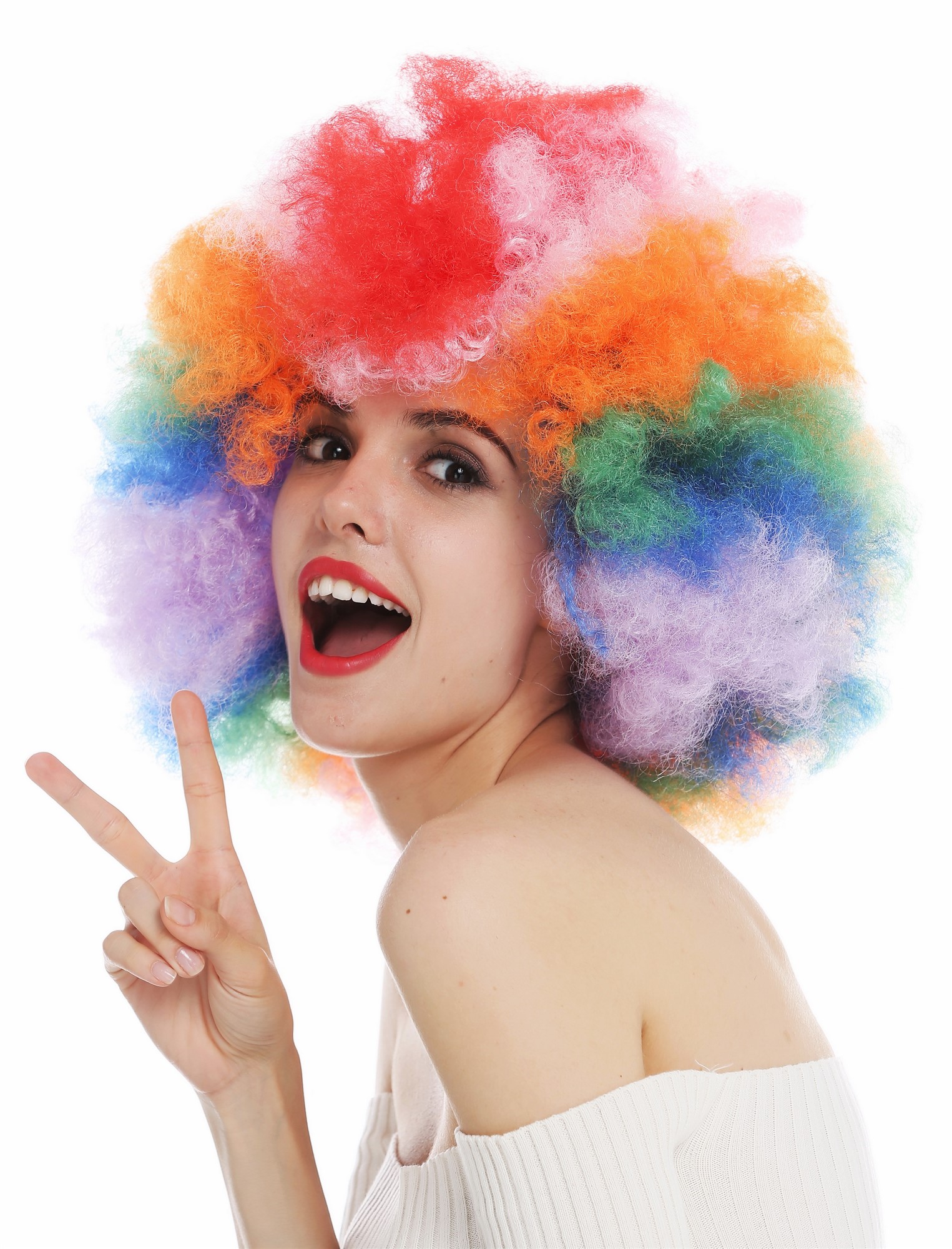 günstige Party Perücke, Perücke Afro Regenbogenfarben Bunt XXL Volumen 31938-P-coloured, Ansicht 2, WIG ME UP: Ihr Perücken Online Shop wellige Party Perücke Lila,Blau,Grün,Orange,Rosa,Rot kurze Haare Unisex