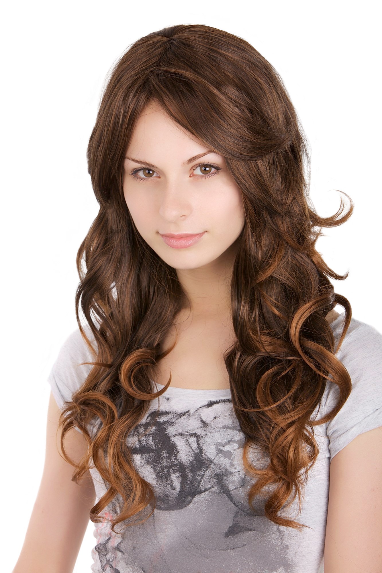 hochwertige Qualitätsperücken, Perücke brünett lange leicht gesträhnte Haare A25-2T30, Vorderansicht, WIG ME UP: Ihr Perücken Online Shop lockige Tressen-Perücke mit Kopfhaut-Imitat Braun lange Haare für Damen