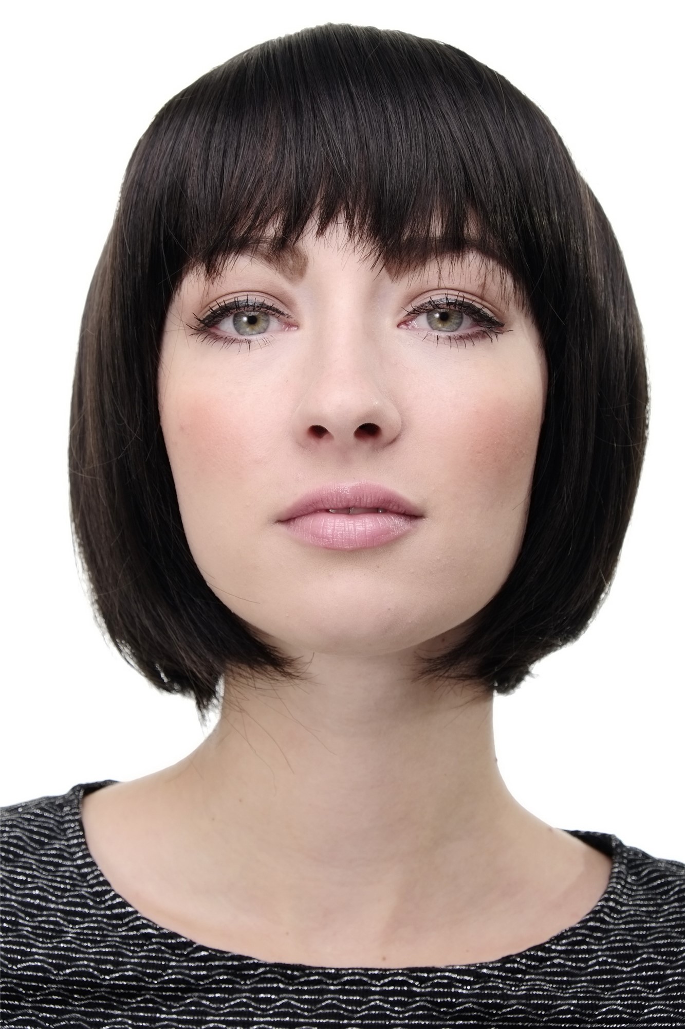 hochwertige Qualitätsperücken, Sexy Damen Bob Perücke glatte kurze Haare mit Pony Dunkelbraun Braun 703-3, Vorderansicht, WIG ME UP: Ihr Perücken Online Shop glatte Tressen-Perücke mit Kopfhaut-Imitat Dunkelbraun kurze Haare für Damen