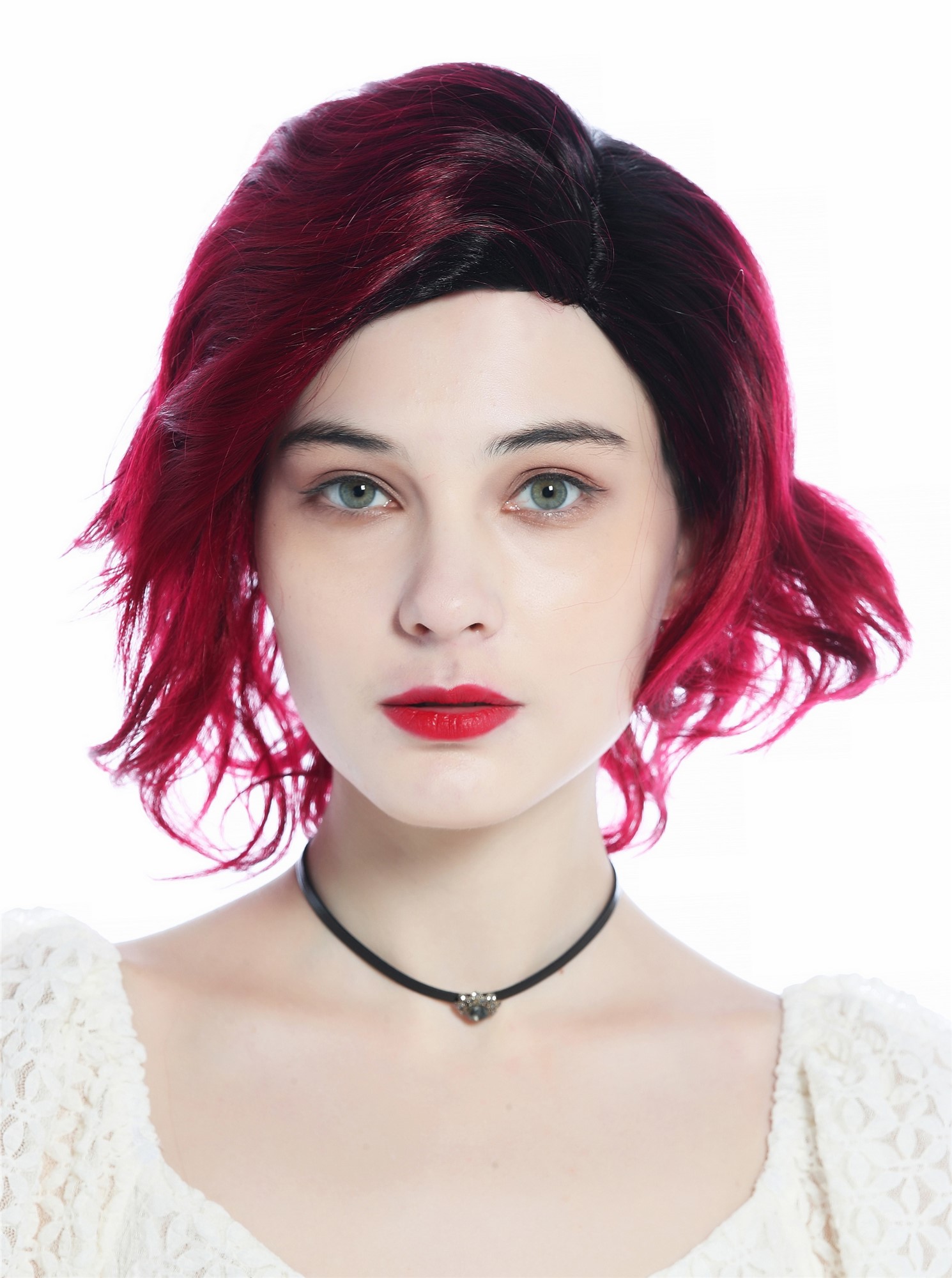 Ladies' wig short wild wavy parting parted ombre black red DW3334, front view, WIG ME UP: Your Perücken Online Shop Quality Wigs, Ladies, black-red gradient, wavy, shoulder-length