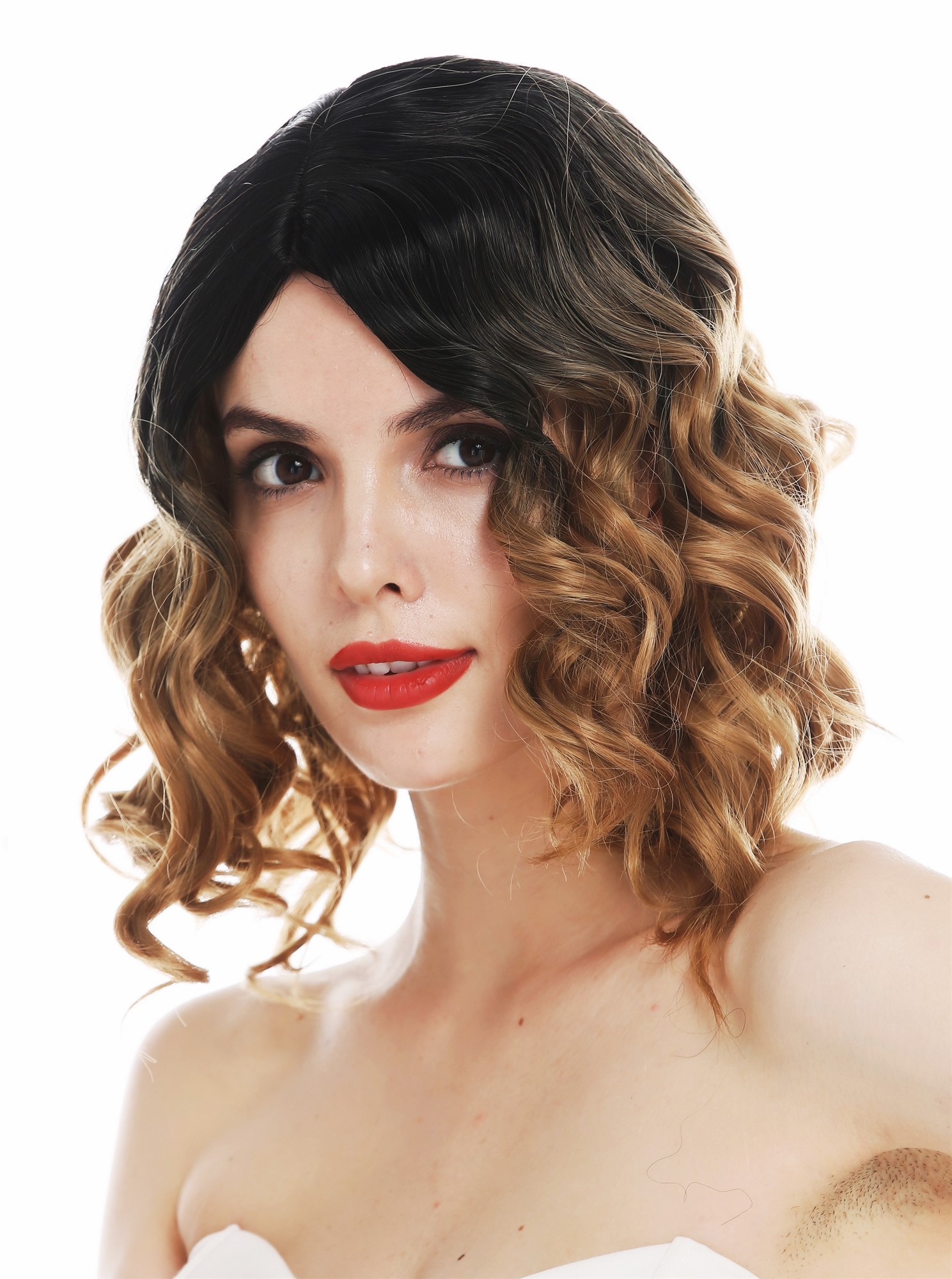 hochwertige Qualitätsperücken, Perücke schulterlang gewellt Scheitel Ombre Balayage Schwarz-Blond-Braun-Mix MS9026-R2/27/30, Ansicht 2, WIG ME UP: Ihr Perücken Online Shop lockige Tressen-Perücke mit Kopfhaut-Imitat Schwarz-Blond-Braun-Mix kurze Haare für Damen