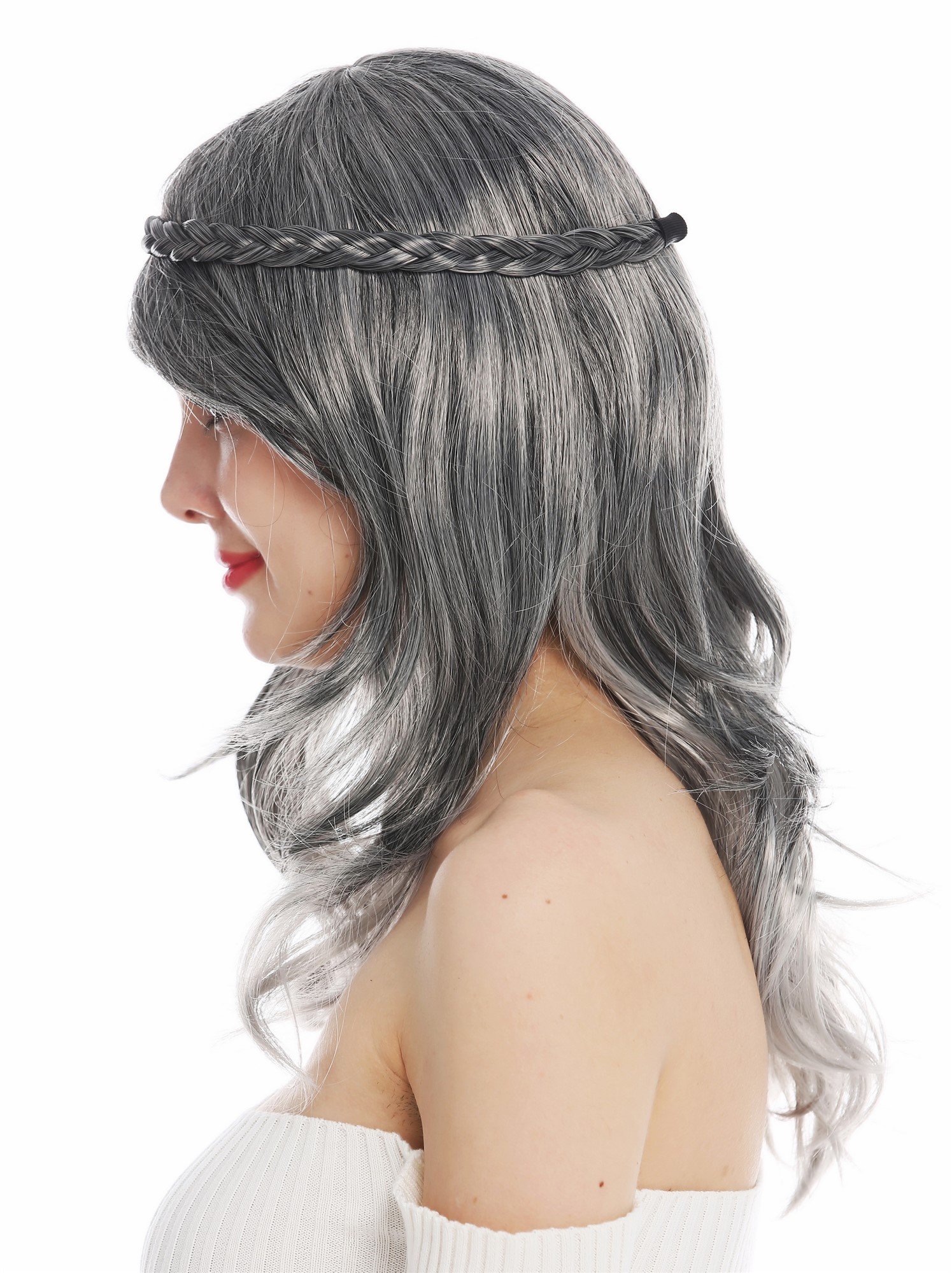 Party Wig, Ladies, dark gray, Braided, short