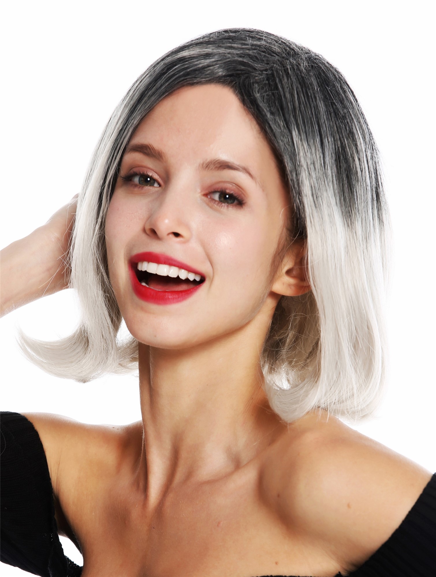 hochwertige Qualitätsperücken, Perücke kurz Scheitel Ombre Schwarz Grau GFW3131-silvergray+T1306+1, Vorderansicht, WIG ME UP: Ihr Perücken Online Shop glatte Tressen-Perücke Grau-Schwarz-Mix kurze Haare für Damen