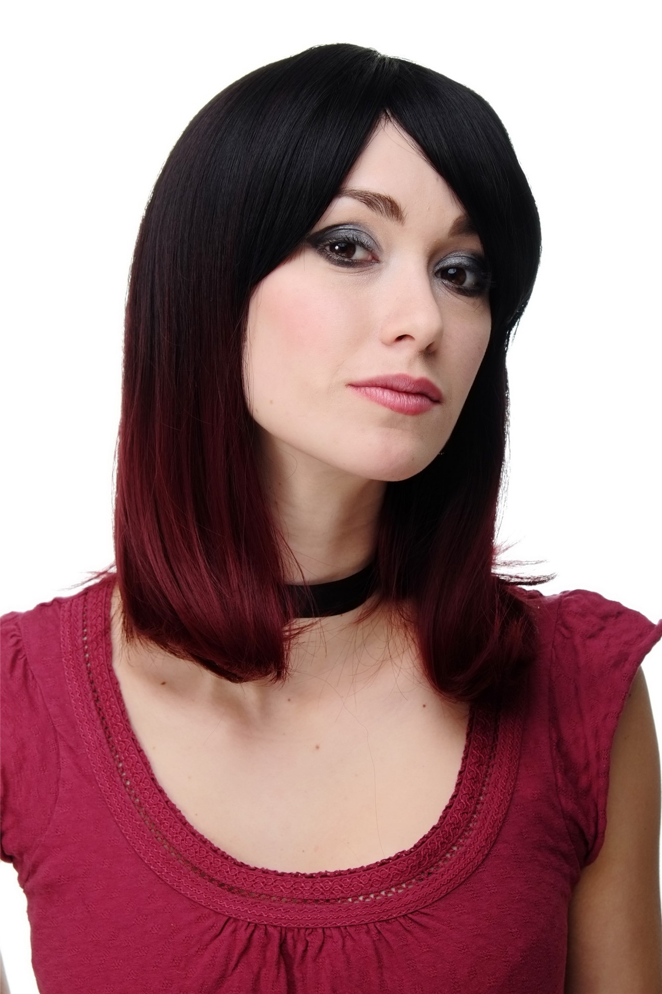 Stunning Lady  Wig shoulder length longbob Ombre black & red straight parting fringe Gothic, view 3, WIG ME UP: Your Perücken Online Shop Quality Wigs, Ladies, black-aubergine red mix, straight, shoulder-length