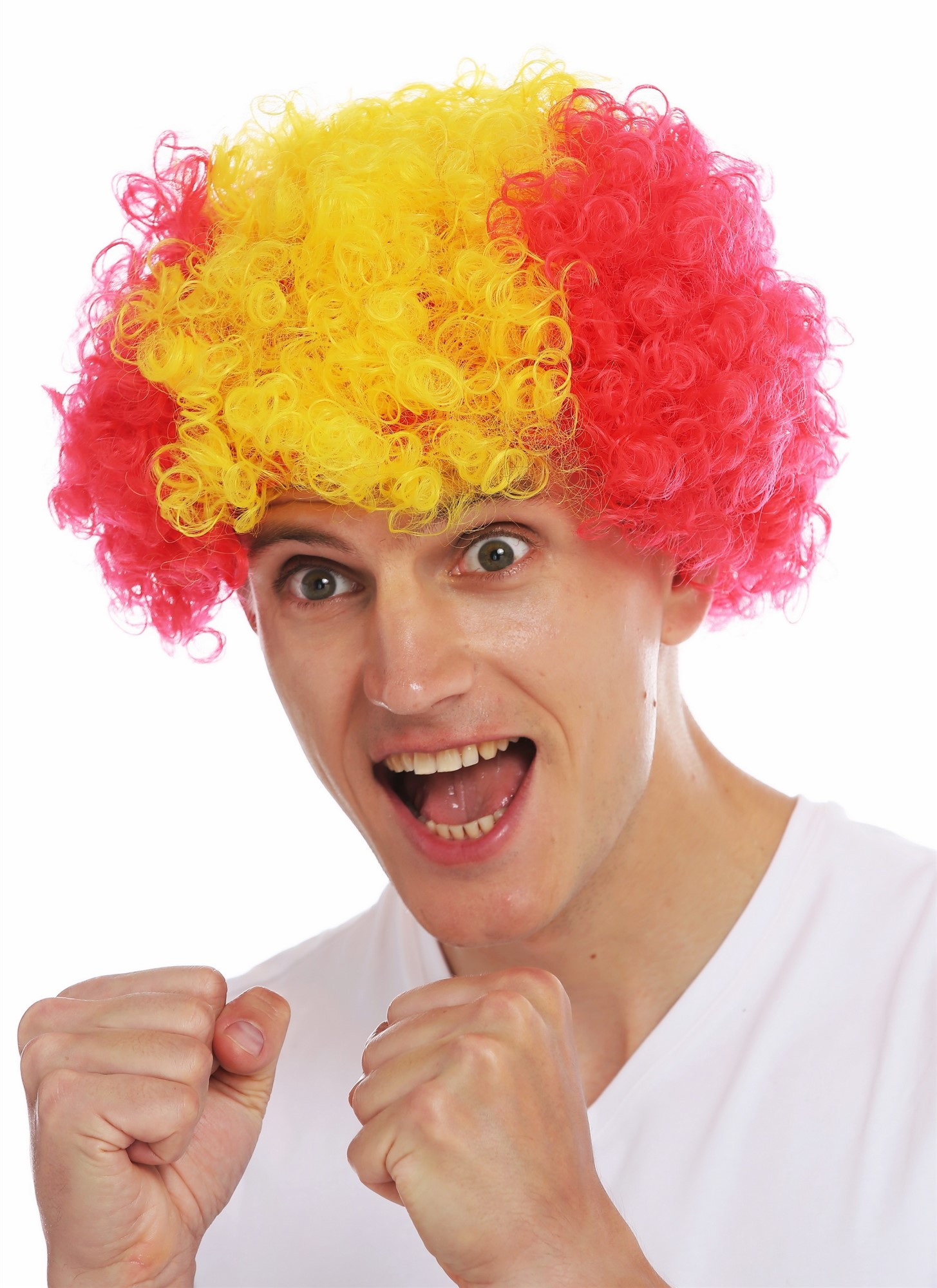 Fan wig carnival afro soccer football world cup red yellow red Spain MMAM-15M, front view, WIG ME UP: Your Perücken Online Shop Party Wig, Unisex, bright red-bright yellow mix, curled, short
