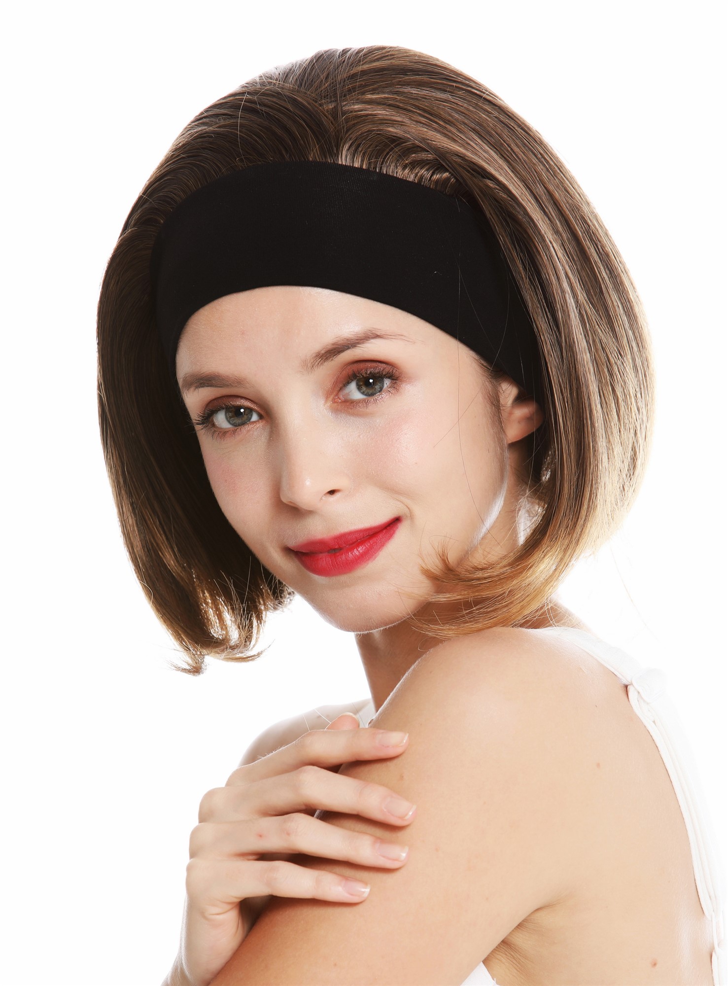 hochwertige Qualitätsperücken, Perücke Kurz Stirnband Retro Braun Blonde Spitzen GFW948-H-4T27, Ansicht 3, WIG ME UP: Ihr Perücken Online Shop glatte Tressen-Perücke mit Gummizug und Stirnband Braun-Blond-Mix kurze Haare für Damen