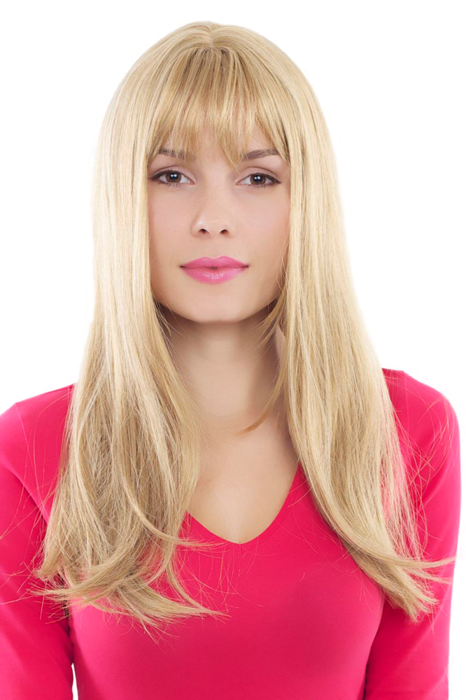 hochwertige Qualitätsperücken, Perücke blond gesträhnt langhaarig glatt Pony GFW88-24B, Vorderansicht, WIG ME UP: Ihr Perücken Online Shop glatte Tressen-Perücke mit Kopfhaut-Imitat Goldblond lange Haare für Damen