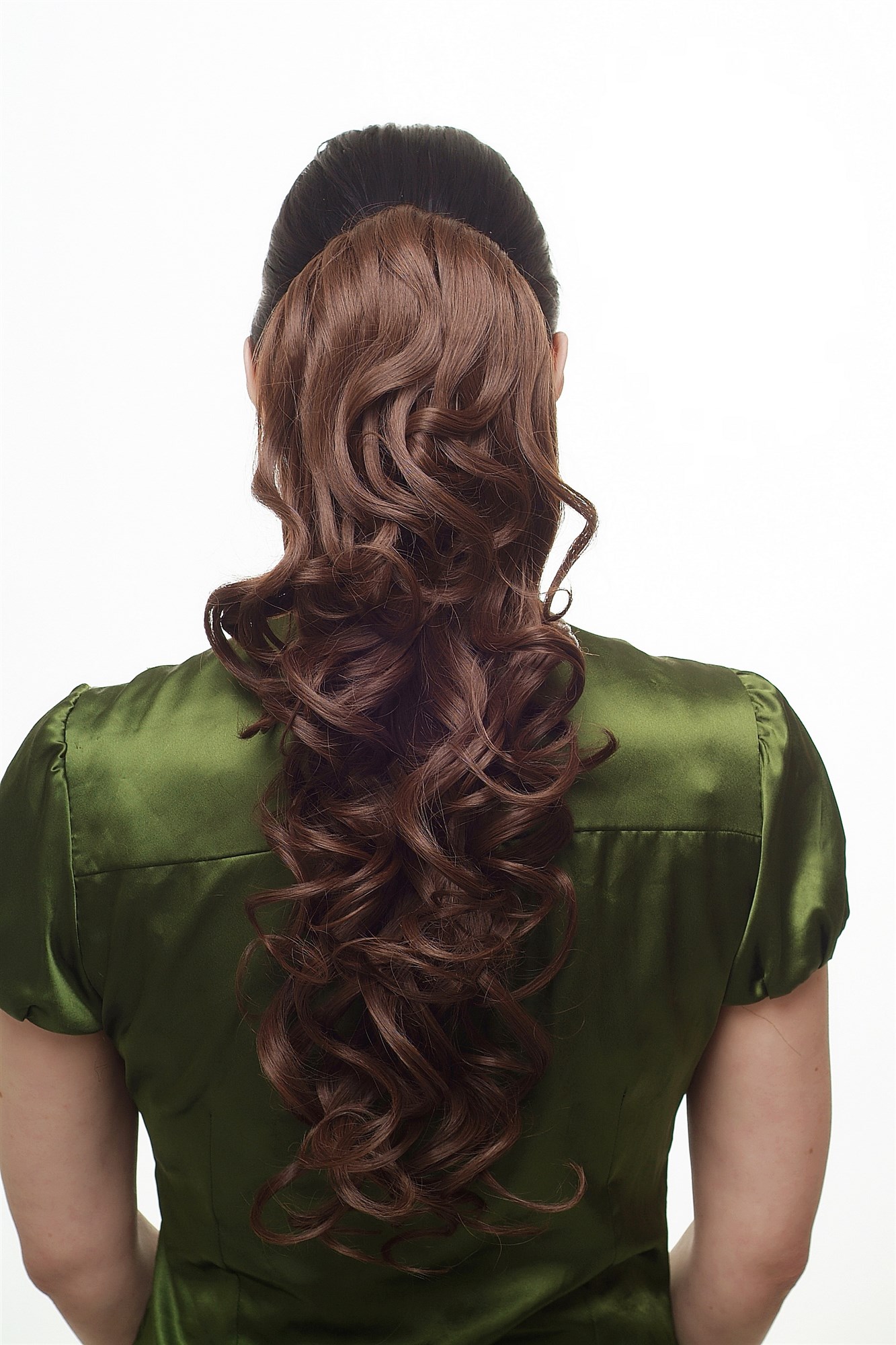hochwertiges Haarteil Butterfly-Clip + Steckkämme + Gummizug lockig Braun WK08-57, Vorderansicht, WIG ME UP: Ihr Perücken Online Shop lockiges Zopf-Haarteil Braun 60 cm lang
