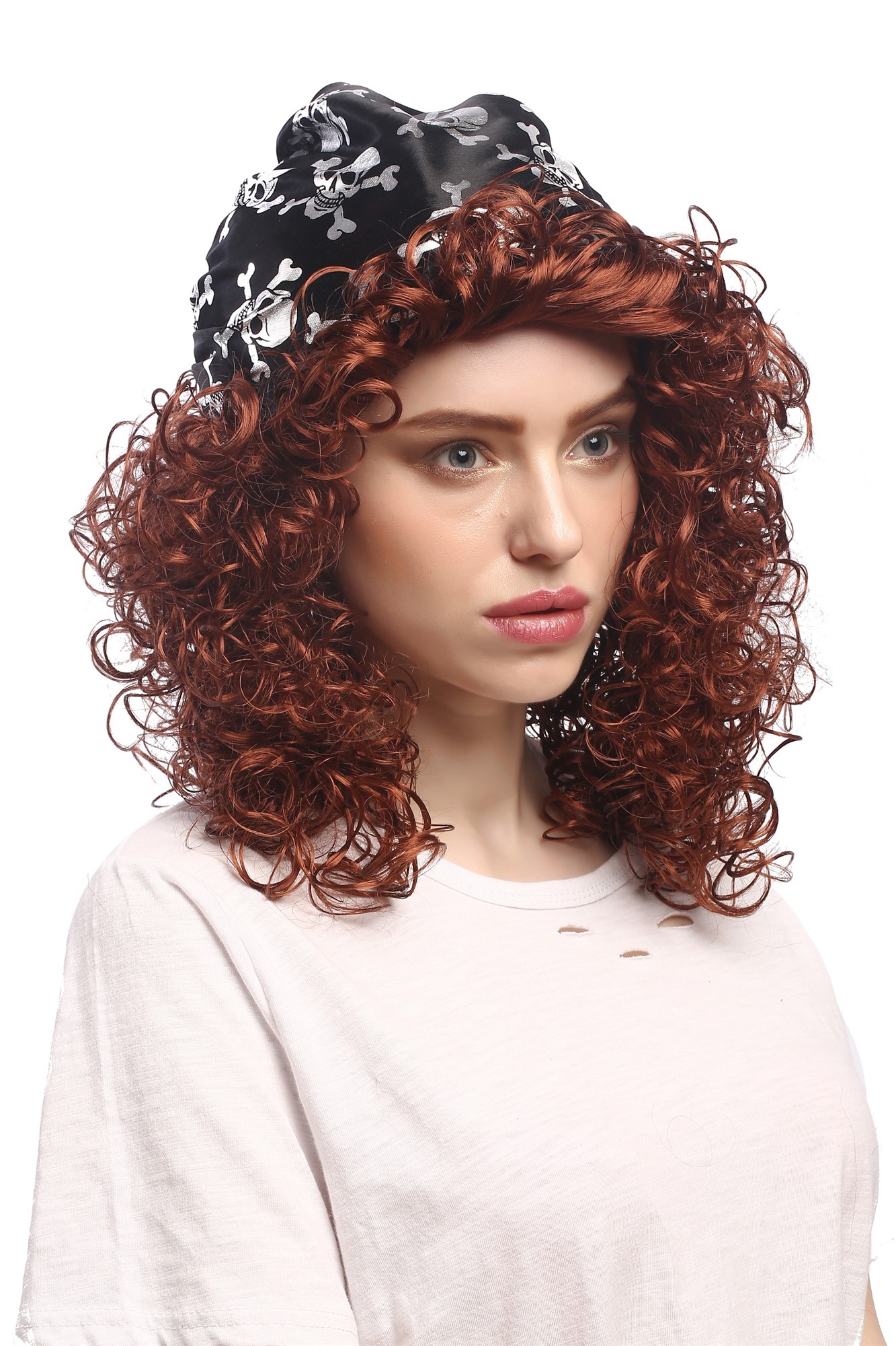 günstige Party Perücke, Perücke Piratin Karibik Kopftuch Braun 91121-ZA340, Vorderansicht, WIG ME UP: Ihr Perücken Online Shop lockige Party Perücke Braun schulterlange Haare für Damen