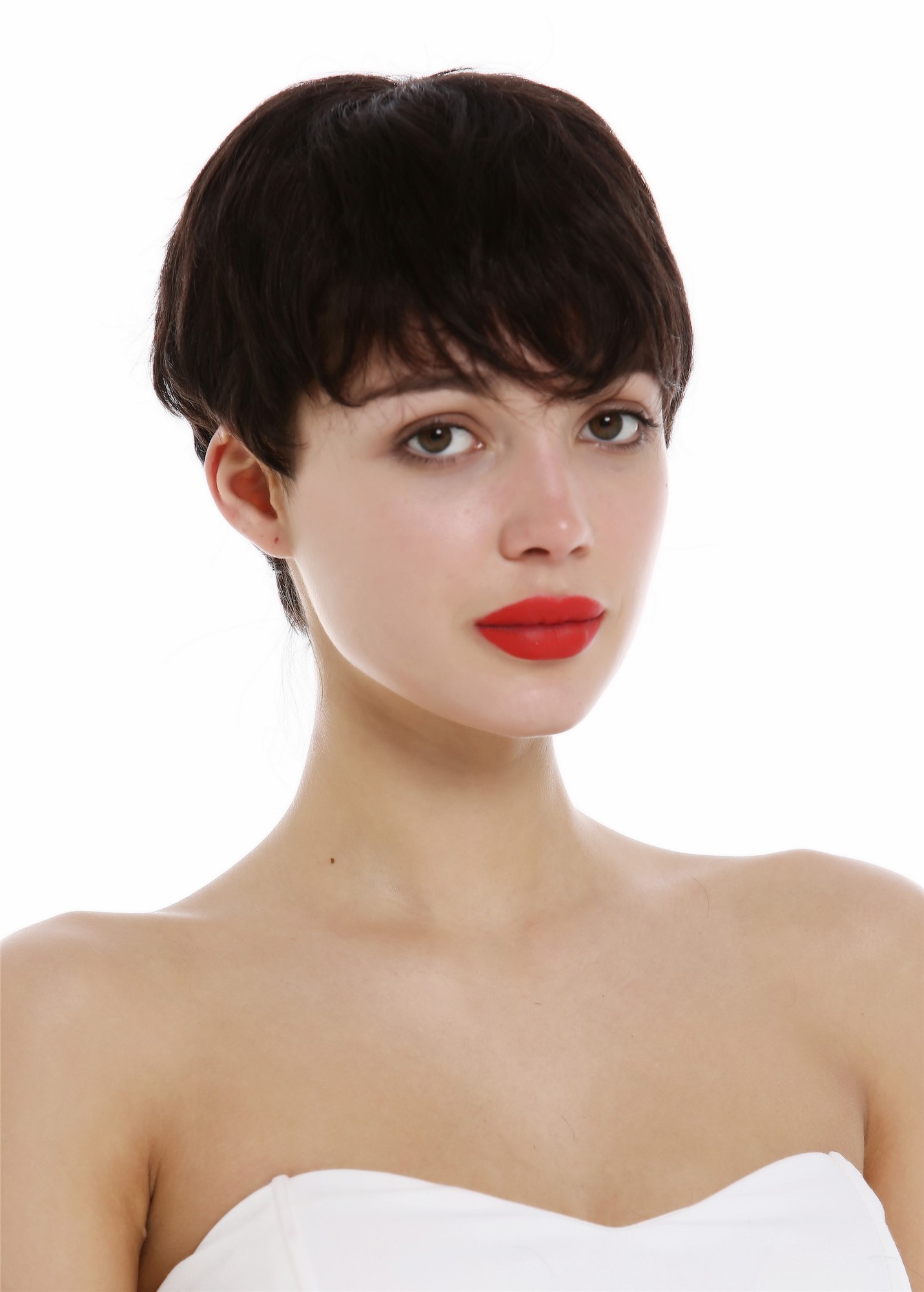 hochwertige Qualitätsperücken, Perücke Echthaar Damen Herren kurz Bowl Cut wellig Schwarzbraun DW3107 HH-2, Ansicht 6, WIG ME UP: Ihr Perücken Online Shop glatte Tressen-Perücke Schwarzbraun kurze Haare für Damen