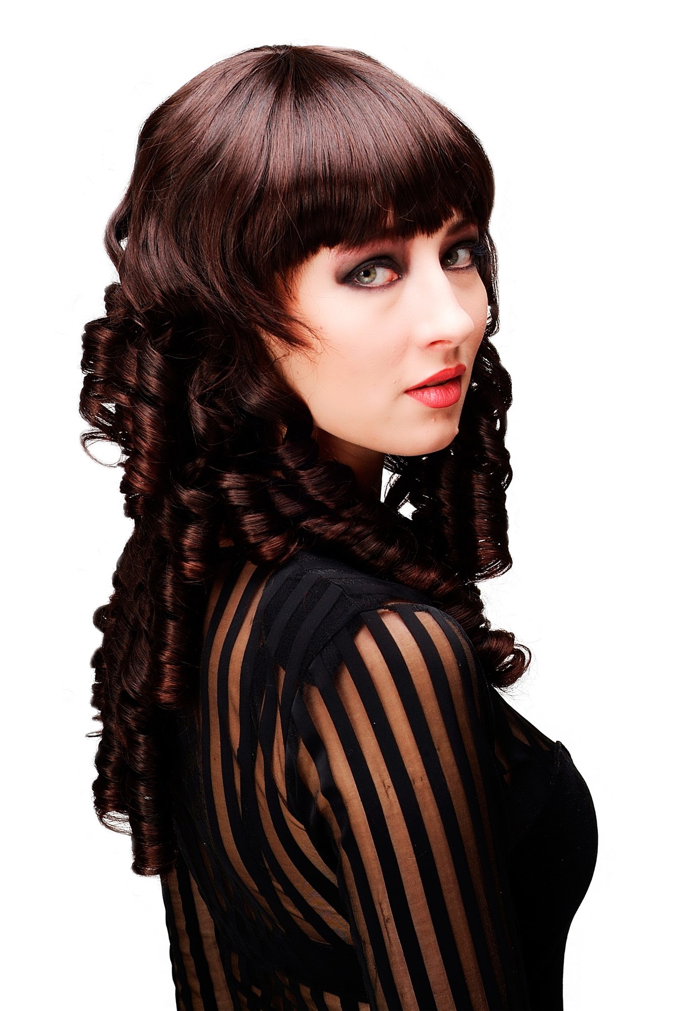 hochwertige Qualitätsperücken, Perücke Braun Korkenzieher-Locken TYW60590-2T33, Ansicht 3, WIG ME UP: Ihr Perücken Online Shop lockige Tressen-Perücke mit Kopfhaut-Imitat Braun lange Haare für Damen