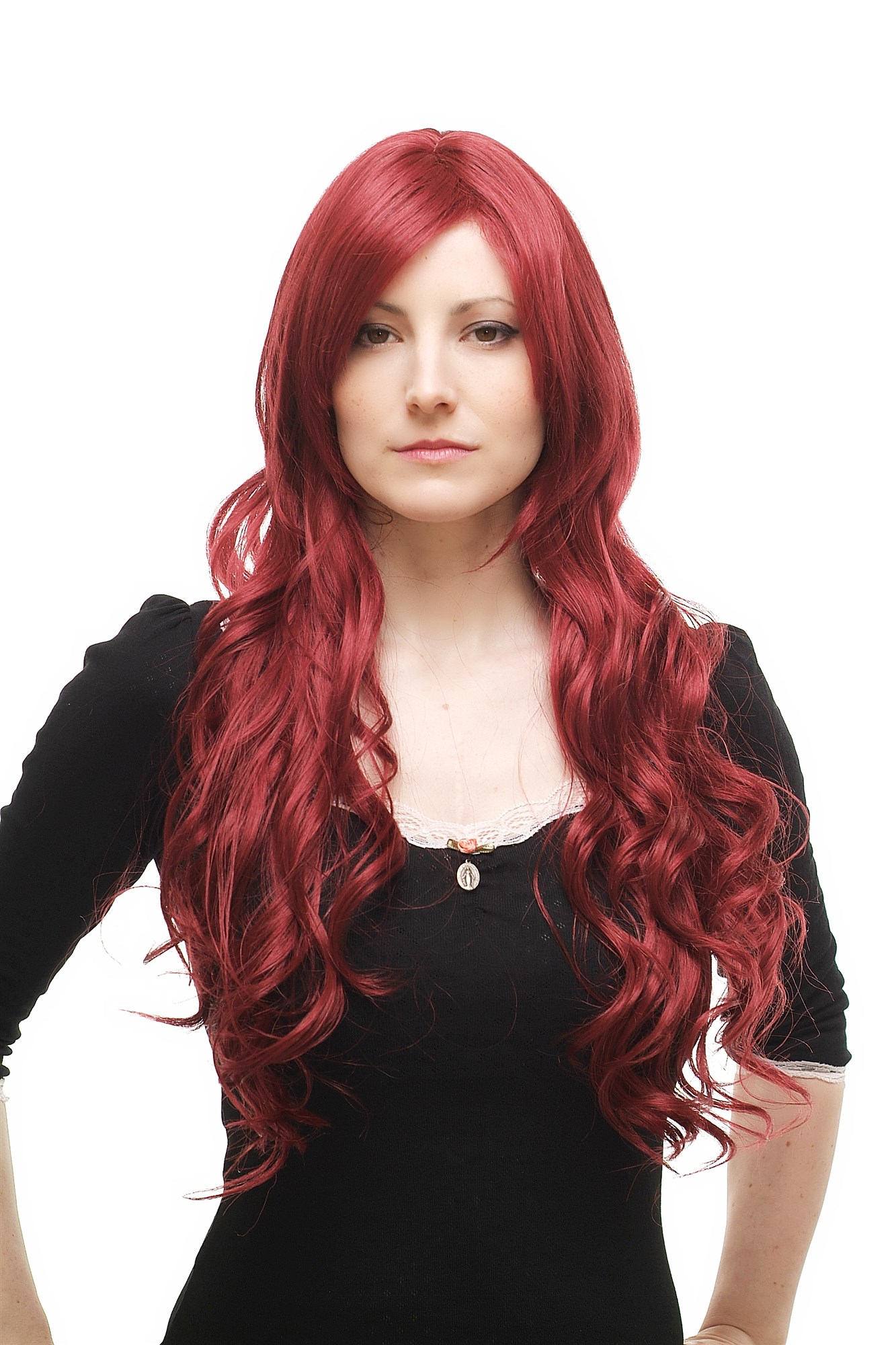 hochwertige Qualitätsperücken, Perücke lange Haare Scheitel aubergine-rot wet-look 9321L-39, Vorderansicht, WIG ME UP: Ihr Perücken Online Shop lockige Tressen-Perücke mit Kopfhaut-Imitat Rot sehr lange Haare für Damen