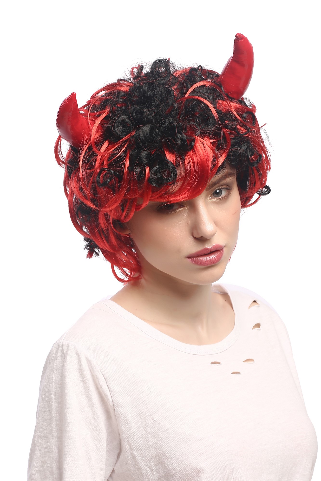 LadyMan Party Wig Halloween horns devil demon black with red curls wild 4045, view 3, WIG ME UP: Your Perücken Online Shop Party Wig, Unisex, Black, Red, wavy, short