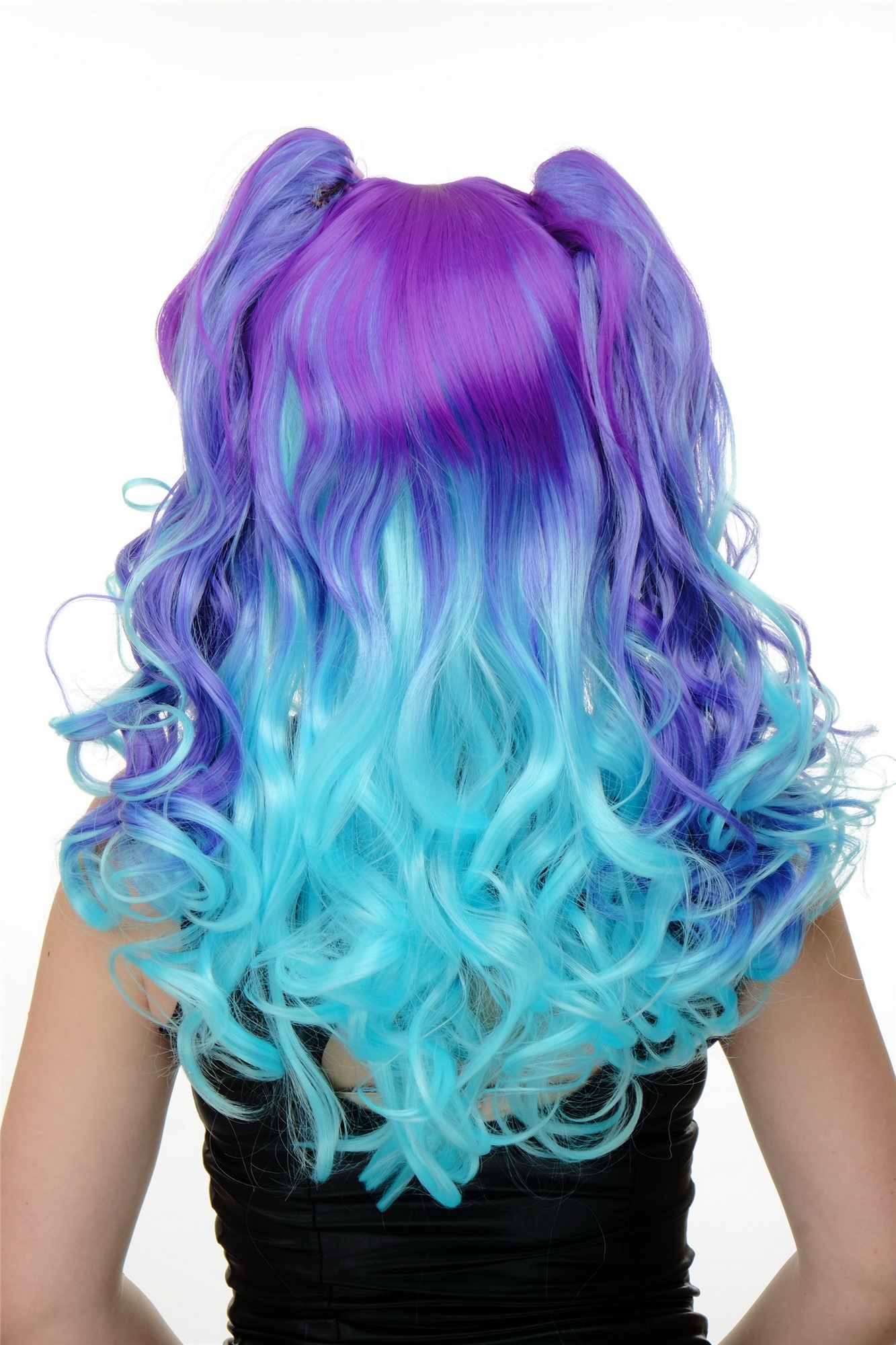 Lady Cosplay Wig long + 2 ponytails curled bangs ombre blue turquois YZF-7096+A, view 4, WIG ME UP: Your Perücken Online Shop Quality Wigs, Ladies, Purple, curled, shoulder-length