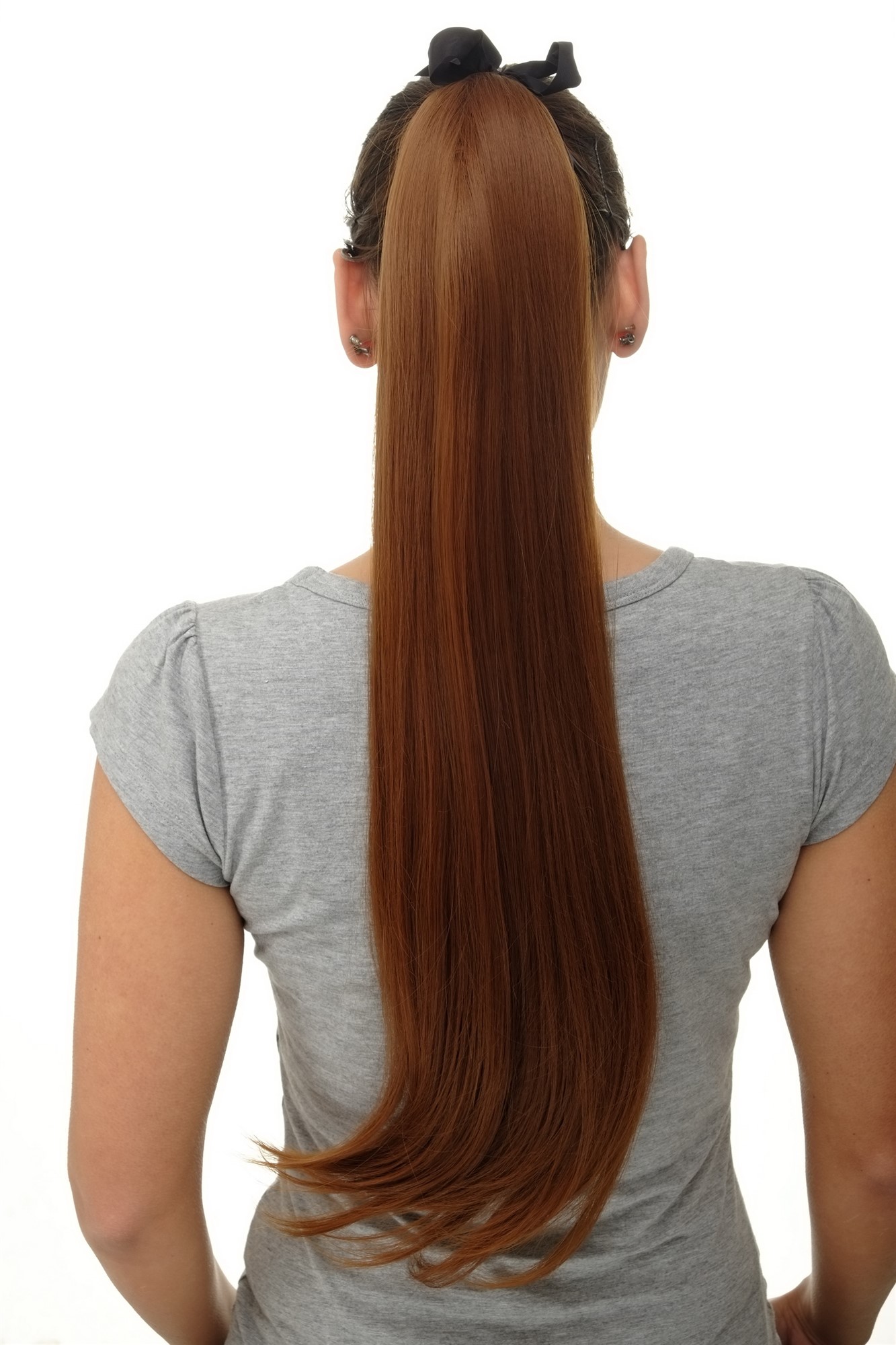 Hairpiece PONYTAIL (comb & ribbon wrap-around system) extension full volume long straight redbrown, front view, WIG ME UP: Your Perücken Online Shop Ponytails, copper brown, straight, long