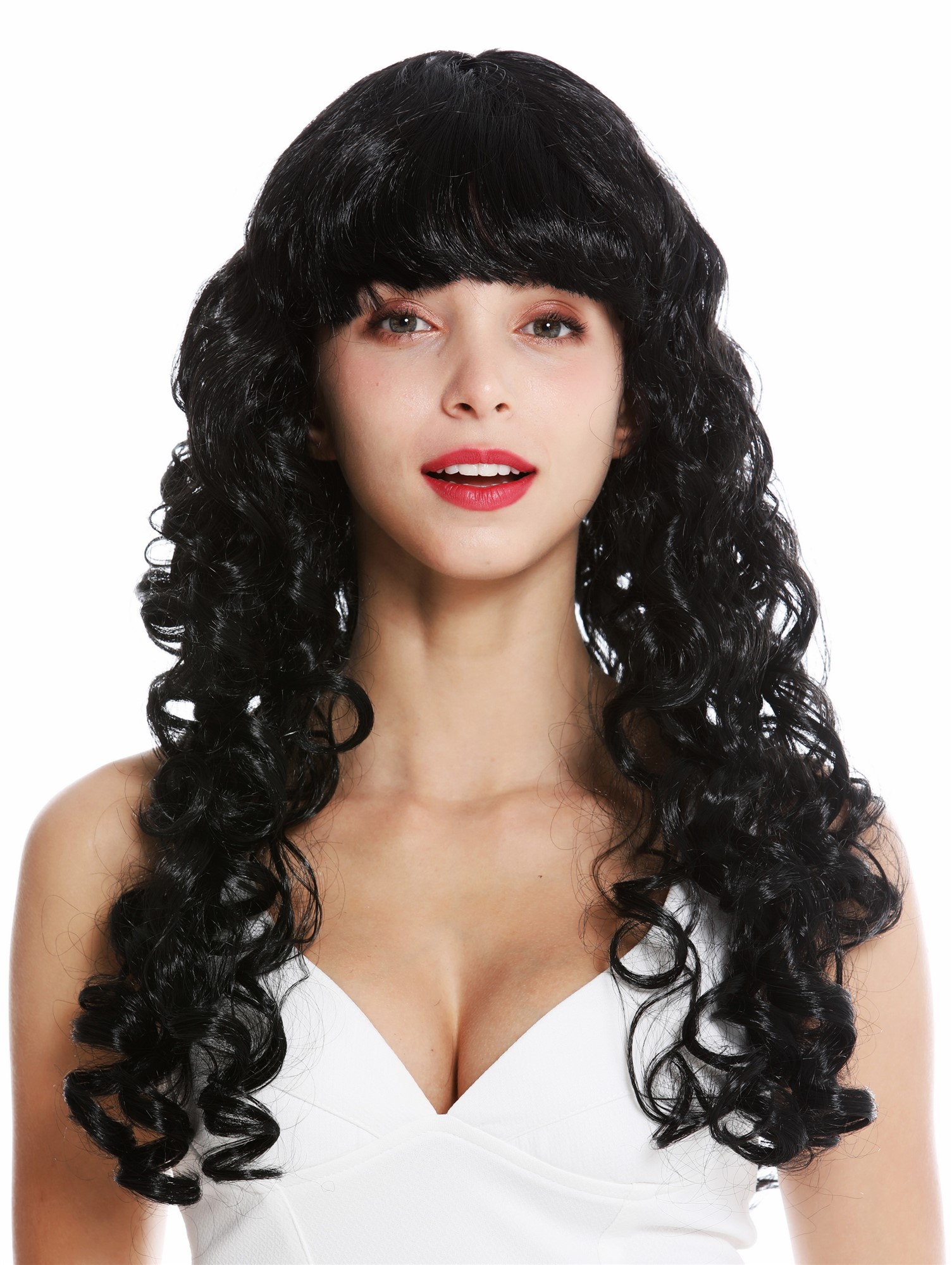 Lady party wig carnival Halloween long curls curly voluminous fringe black 0082, view 3, WIG ME UP: Your Perücken Online Shop Party Wig, Ladies, pitch black, curled, long
