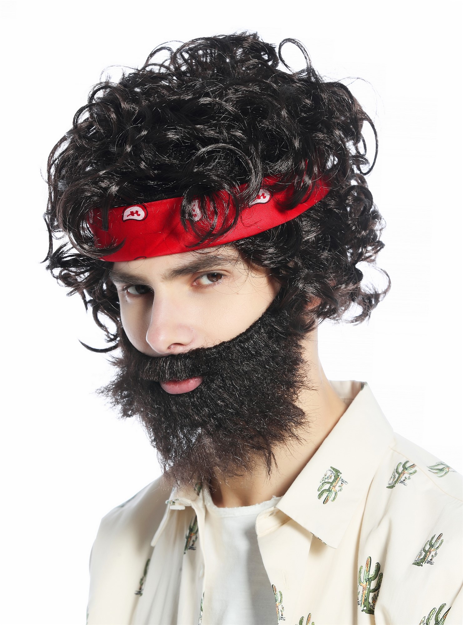 günstige Party Perücke, Perücke Stirnband Bart braun lockig Hippie 70er 80er Retro CW-036-P2, Ansicht 2, WIG ME UP: Ihr Perücken Online Shop lockige Party Perücke Dunkelbraun kurze Haare für Herren